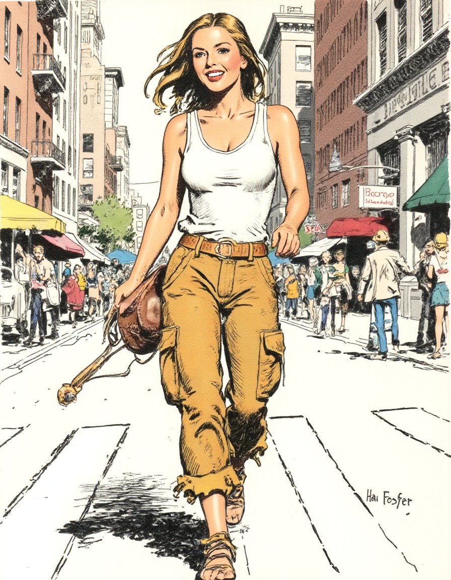 an illustration by Hal Foster of a beautiful woman wearing cargo pants and a tank top smiling and crossing the street in the city <lora:hal-foster:1>