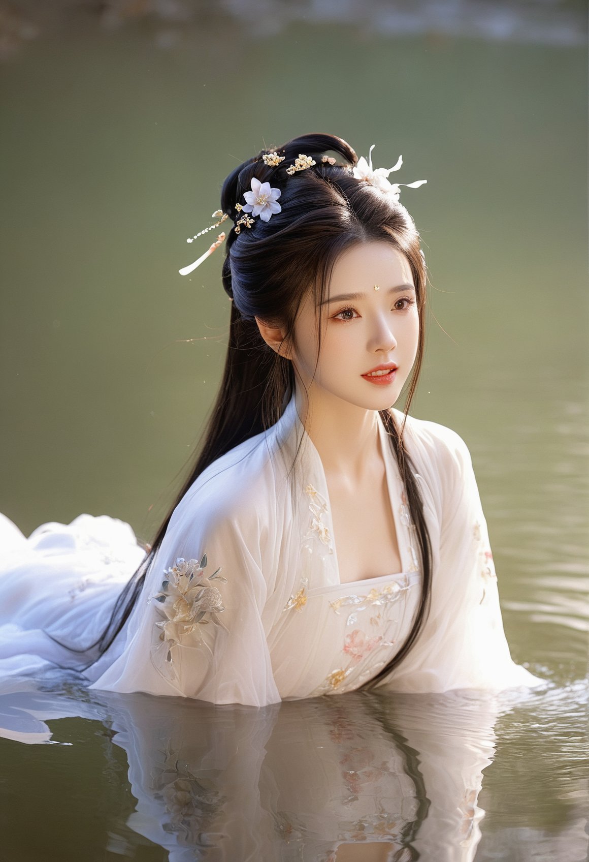 hanfu,1girl, chinese clothes, long hair, solo, hair ornament, realistic, black hair, flower, dress, upper body, reflection, water, forehead mark, long sleeves, white dress, teeth, looking to the side, hair bun, brown hair, parted lips, facial mark, masterpiece,best quality,high-resolution image,High quality,Superb lighting,Highly detailed,Sharp focus,8K UHD,