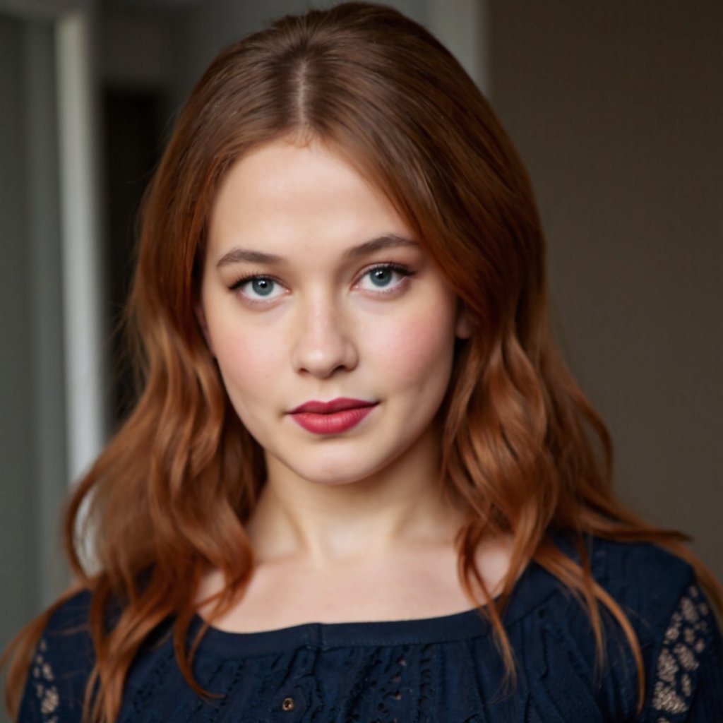 A close-up portrait of cailee_spaeny with vibrant red hair and striking blue eyes. She has freckles on her face and lips, and her gaze is directly at the camera. The background is blurred, emphasizing the subject. She wears a dark-colored top with intricate lace detailing. The image style is candid and natural, capturing a moment of introspection.