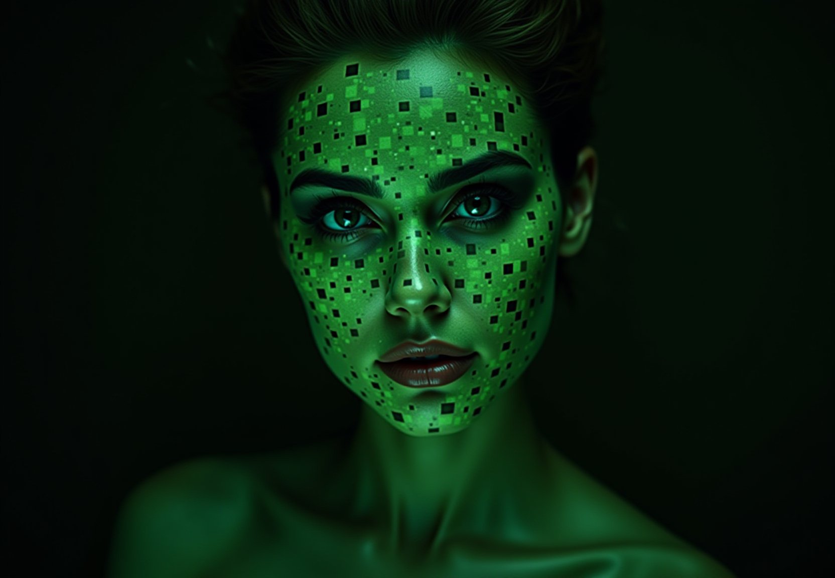 "A green explosion of squares, geometric patterns and sharp lines that form the portrait of a woman, visually striking and dynamic, dark background, sharp focus, crisp quality, HD, DOF, 4k, intricate detail, dynamic composition, beautiful lighting"