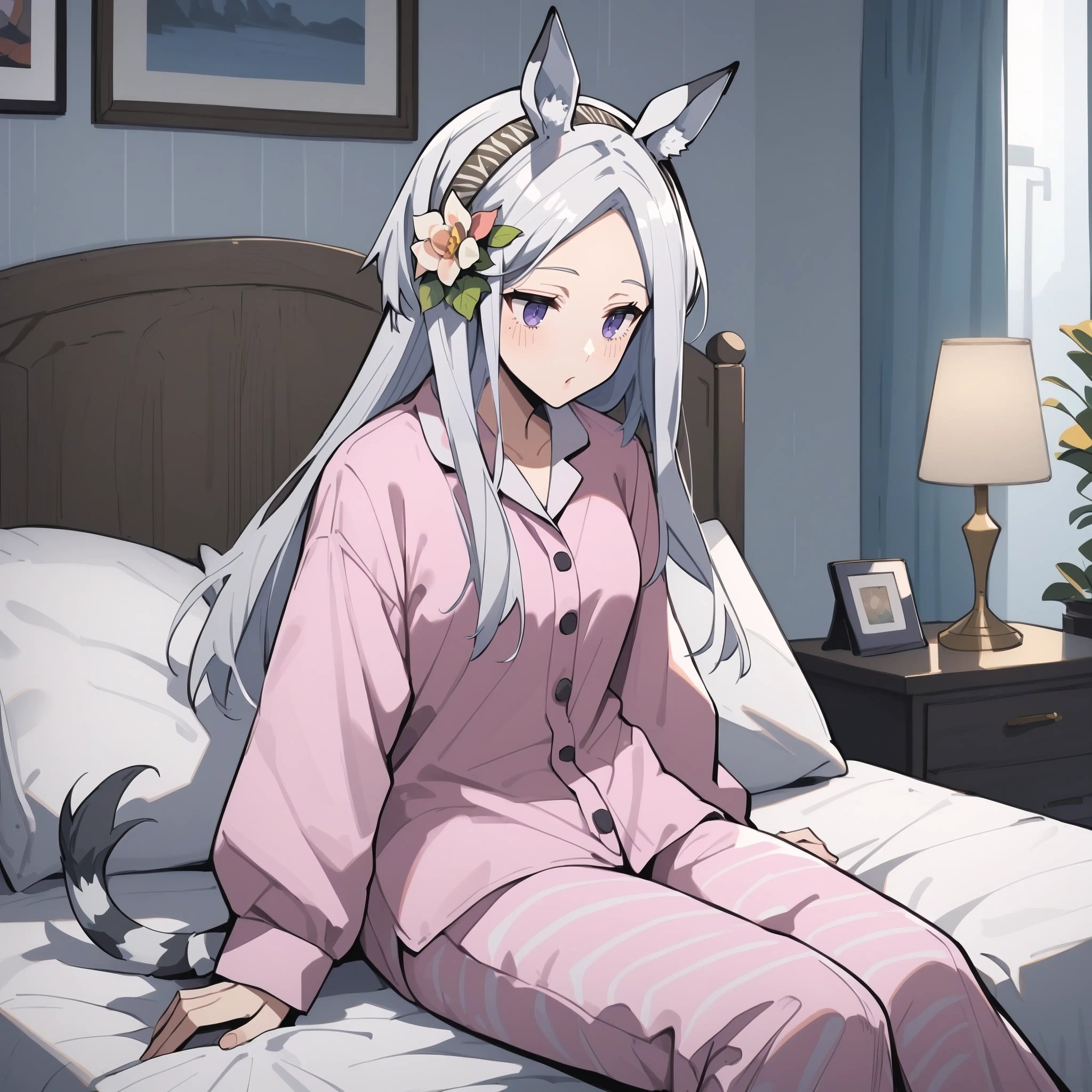 score_9, score_8_up, score_7_up, score_6_up, anime style, source_anime, BREAK1girl, solo, bedroom, pink pajamas, sitting on bed,<lora:Heavyrain_pony-000014:1> normalrain, animal_ears, long_hair, horse_ears, purple_eyes, hairband, grey_hair, hair_ornament, hair_flower, white_hair, striped tail, 