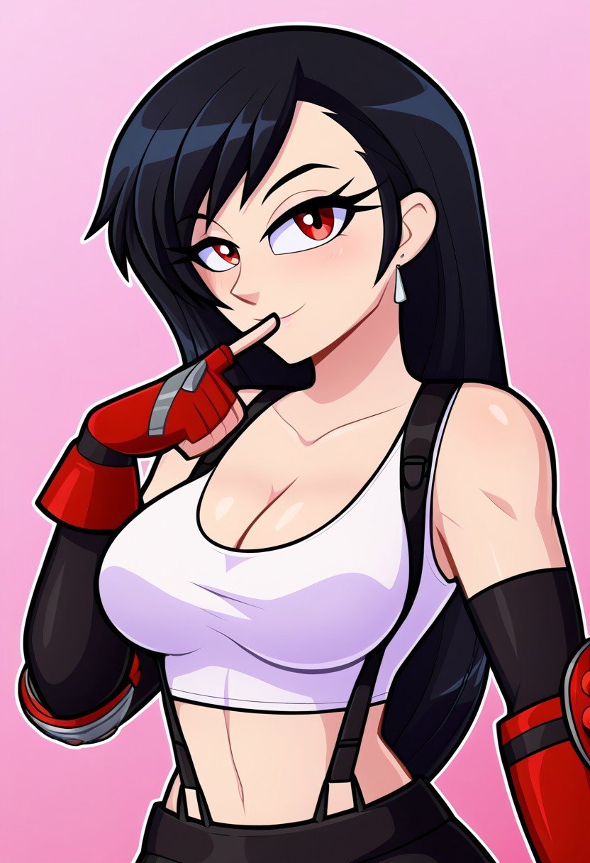 513_71f4ff7, black hair, red eyes, medium breasts, (cleavage:1.2), looking at viewer, gloves, white crop top, suspenders, black pencil skirt, elbow gloves, breast bags, d4nk05tyl3