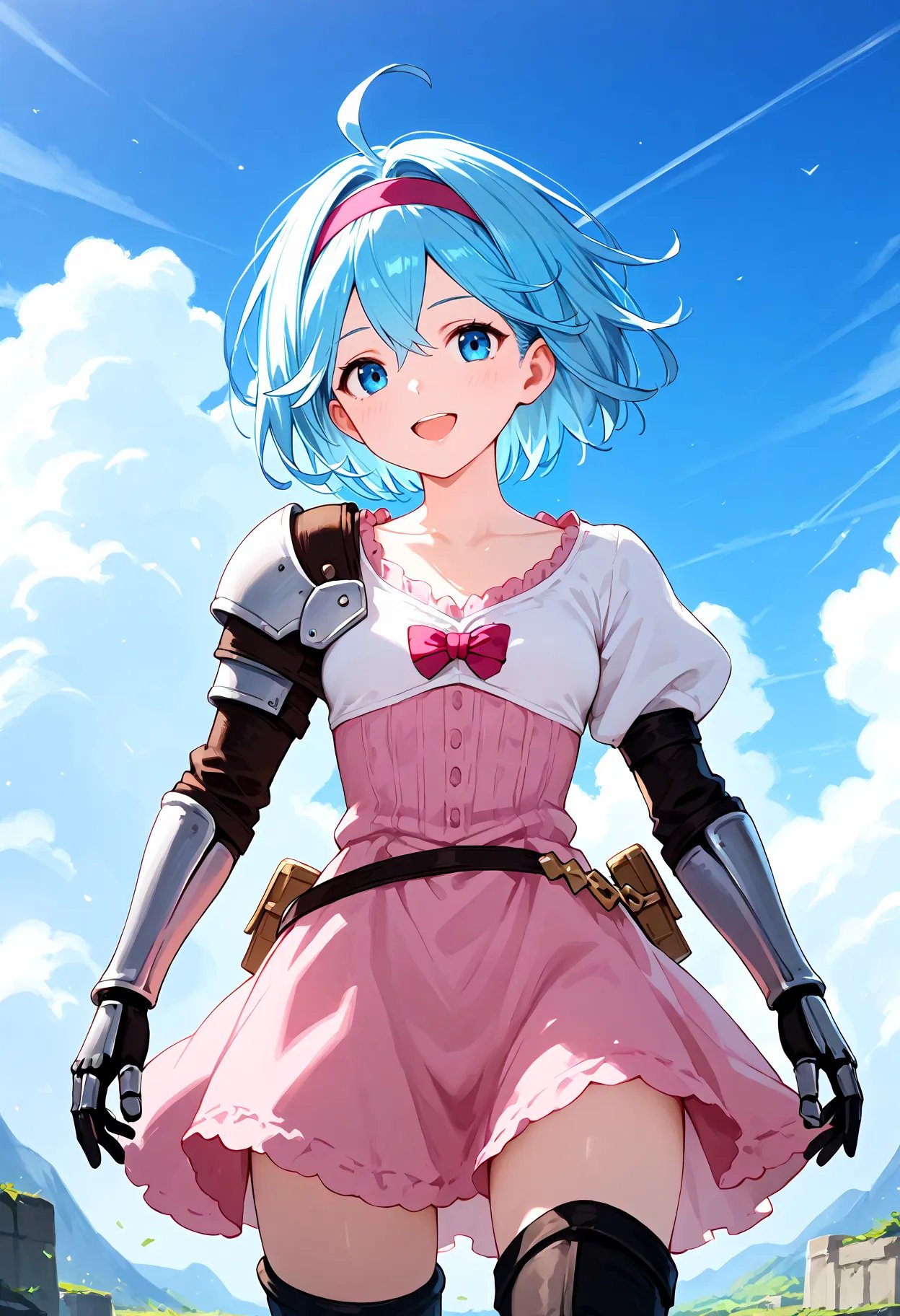 score_9, score_8_up, score_7_up, BREAK, best quality, masterpiece, very aesthetic, ultra detailed,very detailed background,BREAK,zPDXL3,Djeeta_Fighter, short hair, bangs, blue hair,  blue eyes, collarbone, puffy sleeves, thigh boots,  pink dress,  gauntlets, sky,day,cloud,pink hairband, happy,smile,<lora:Djeeta-ponyXL:1>