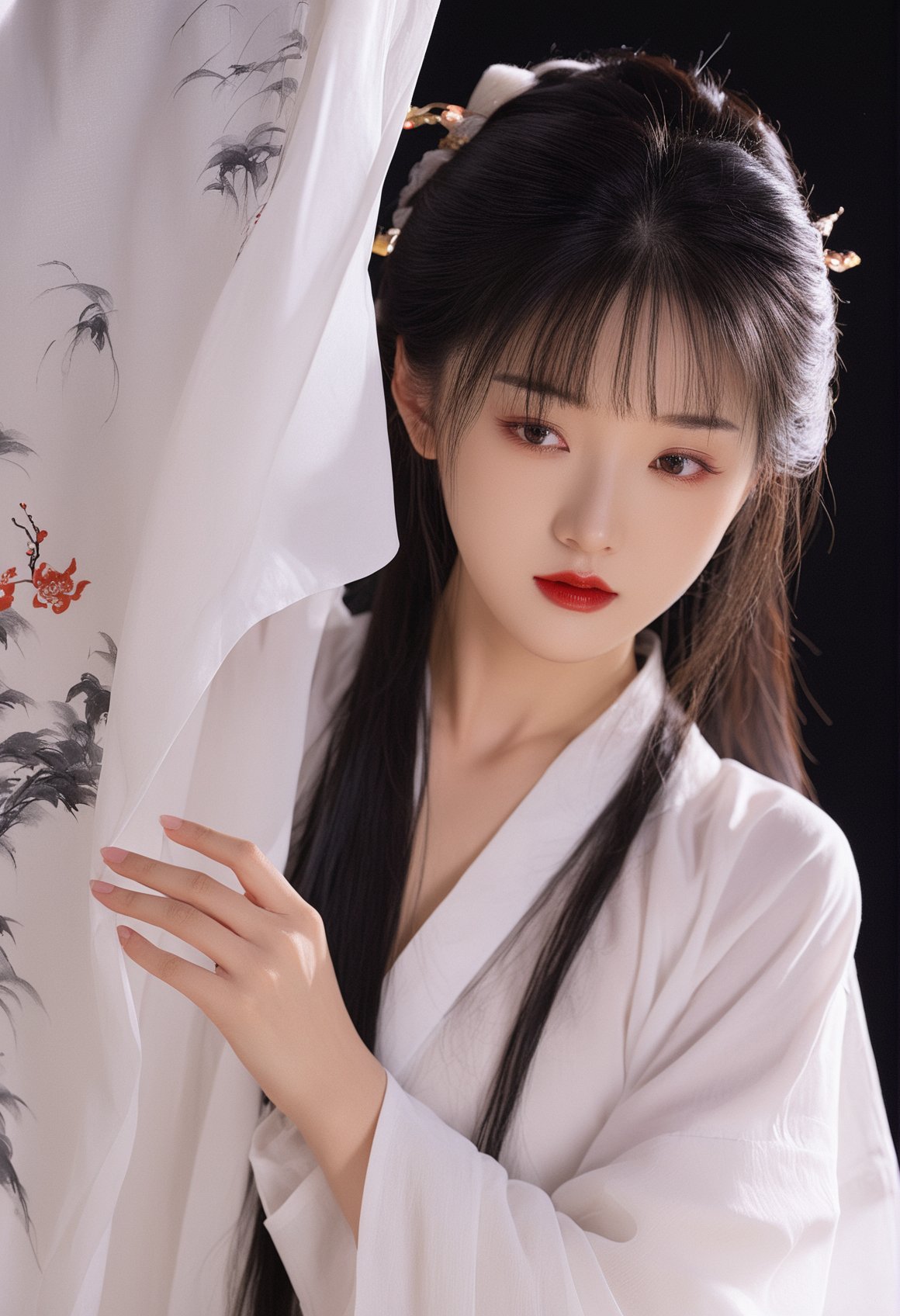 hanfu, jinghonghanfu, 1girl, black hair, solo, black eyes, long sleeves, parted lips, upper body, looking down, lips, hair ornament, long hair, white shirt, sleeves past wrists, paper, ink, black background, shirt, wide sleeves, red lips, bangs, realistic, masterpiece,best quality,high-resolution image,High quality,Superb lighting,Highly detailed,Sharp focus,8K UHD,