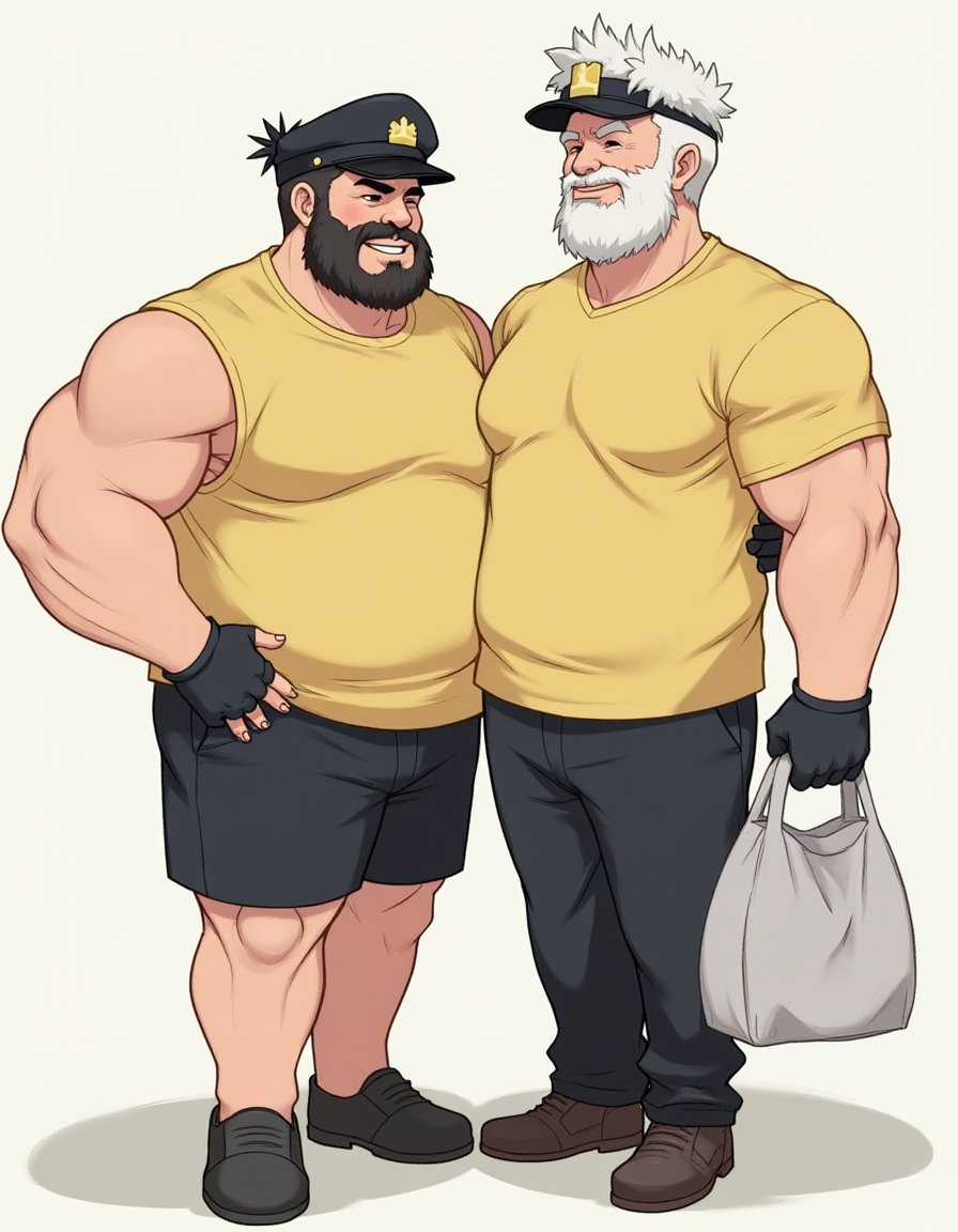 <lora:FLUX_CNSilver2Joe:0.8>2boys, 2msilverjoe, bag, beard, biceps, black gloves, black hair, black pants, couple, large pectorals, mature male, muscular male, old, pectorals, police hat, shirt, short hair, shorts, smile, white hair, yaoi, yellow shirt