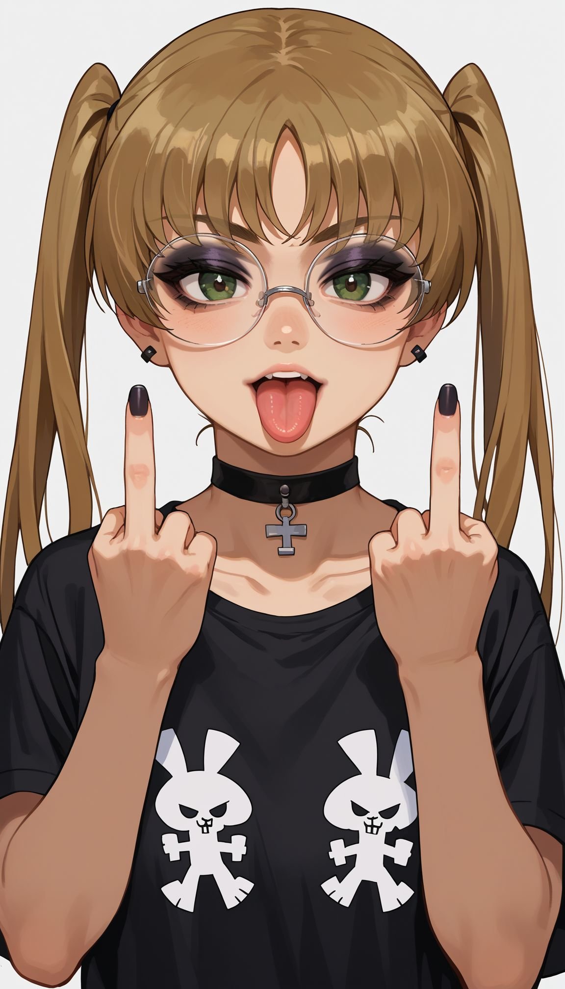 score_9, score_8_up, score_7_up, source_anime,   <lora:GUPAya :1>, GUPAya , glasses, 1girl, twintails, long hair, black shirt, t-shirt, black choker, goth, eyeliner, eyeshadow double middle finger, tongue out,