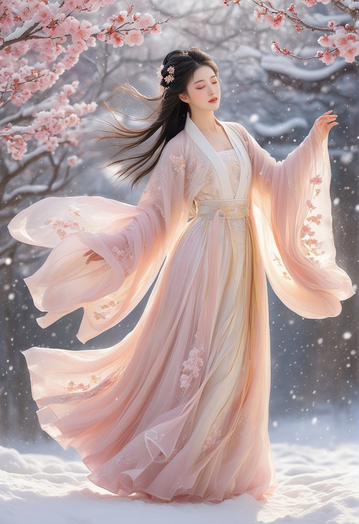 (Ultra realistic, intricate, masterpiece),looking at viewer,chinese girl,The painting shows a graceful maiden drifted in the falling snow. She wears an elegant white dress with fluttering sashes. Layers of snow blanket the earth while flurries dance down from the sky. The maiden floats lightly through the snowy scene with eyes closed peacefully. Behind her,a blossoming plum tree stretches out its branches laden with tender pink petals. A few flowery sprigs and delicate petals are caught in the wind,swirling around the maiden like a pink snow. The winter plum blossoms add accent to the monochrome world with their sprinkle of color. Intricate patterns in gold adorn the maiden's rippling sleeves and dress hem. Her long raven hair flutters freely as she glides slowly through the air. The maiden in white drifts ethereally across the snowy landscape,exuding a romantic dreamlike aura.,, masterpiece,best quality,high-resolution image,High quality,Superb lighting,Highly detailed,Sharp focus,8K UHD,