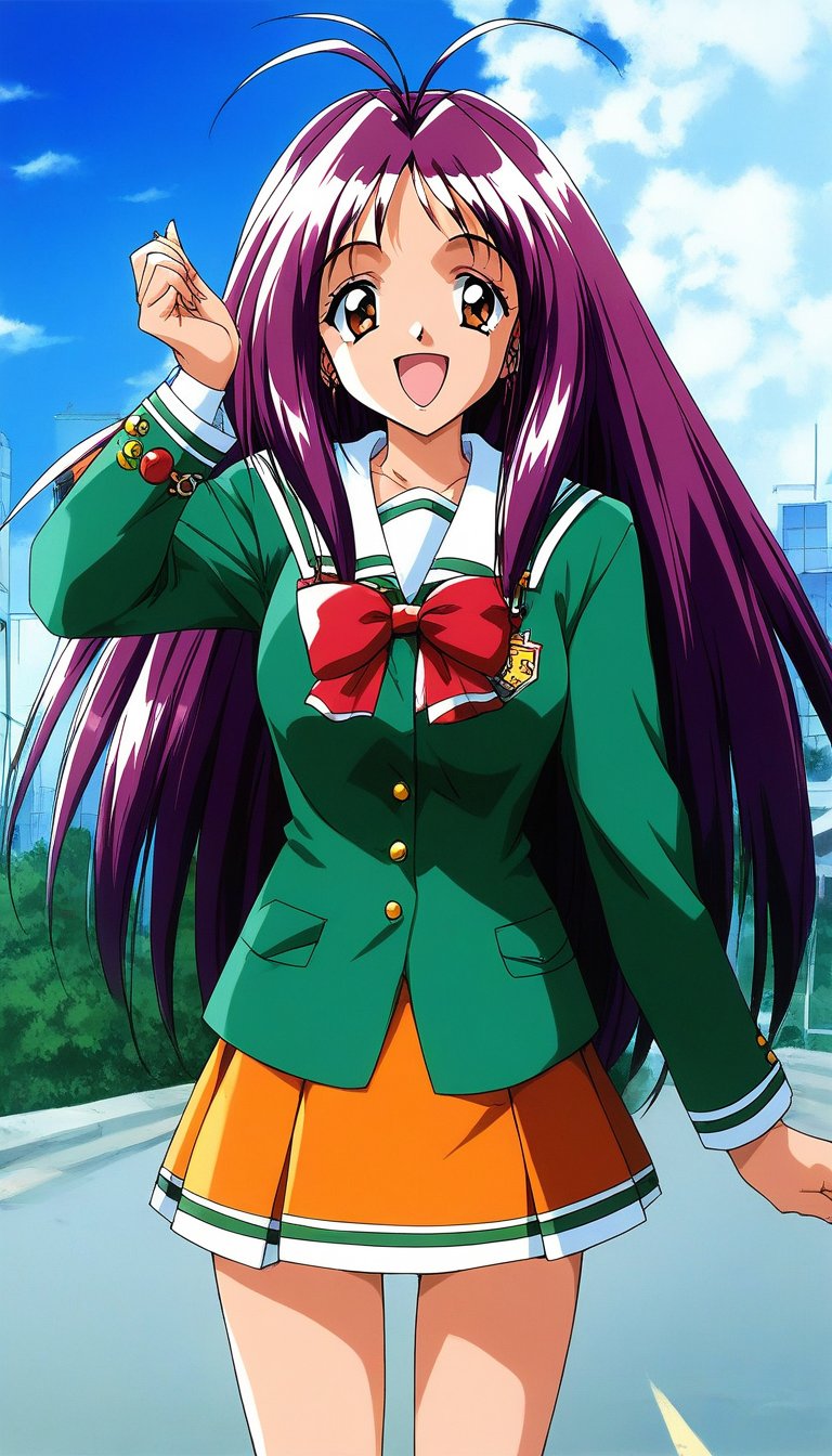 score_9, score_8_up, score_7_up, source_anime, rating_explicit, BREAK  <lora:Kotobuki_Miyuki_XL:1> Kotobuki_Miyuki, purple hair, long hair, brown eyes, antenna hair,1girl, solo, school uniform, skirt, outdoors, open mouth, smile, orange skirt, green shirt, looking at viewer, day, shirt, long sleeves, pleated skirt, bow, :d, sky, red bow, standing, 1990s (style), miniskirt, retro artstyle