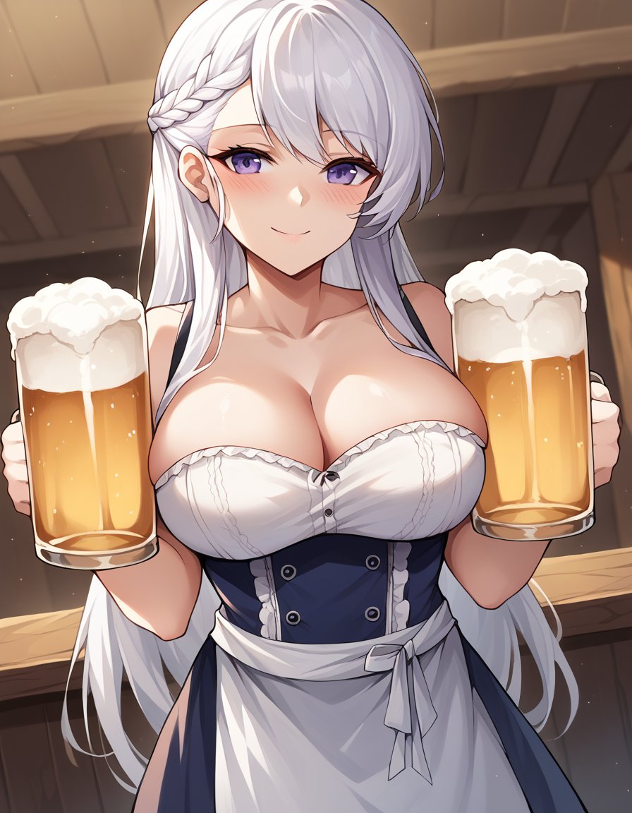 score_9, score_8_up, score_7_up, source_anime, <lora:azur-lane-belfast-ponyxl-lora-nochekaiser:1>, belfast, belfast (azur lane), braid, french braid, large breasts, long hair, sidelocks, white hair, purple eyes,, <lora:dirndl-ponyxl-lora-nochekaiser:1>, dirndl, german clothes, beer mug, collarbone, cleavage, beer, underbust, waist apron,, indoors, bar, smile, blush,, , cowboy shot, dutch angle,