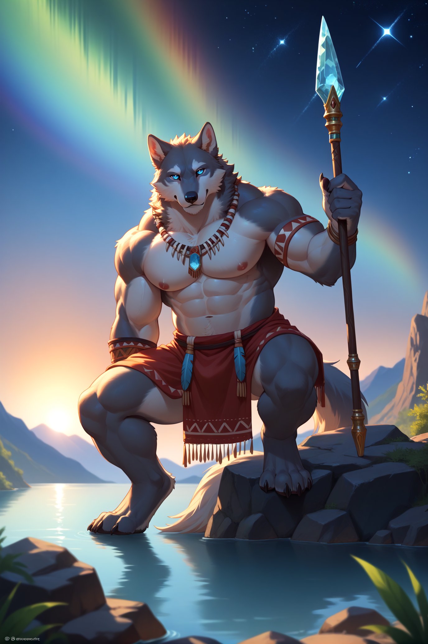 score_9,score_8_up,score_7_up,score_6_up,furry,kemono,high quality,tail,rating_explicit,embedding:zPDXL3 BREAK male furry,(bara),huge plump Chest Muscles,perfect anatomy,claw,eye details,8k,masterpiece,sexy,(rainbow gradient bioluminescent dress),(starry night background),nebula,aurora,((outdoors)),dark background,from below,Sitting person looks up,gray wolf,long straight 1spear,Tribal style clothes,clear river,ice cave,sunset,5finger,tribal  arm rings,