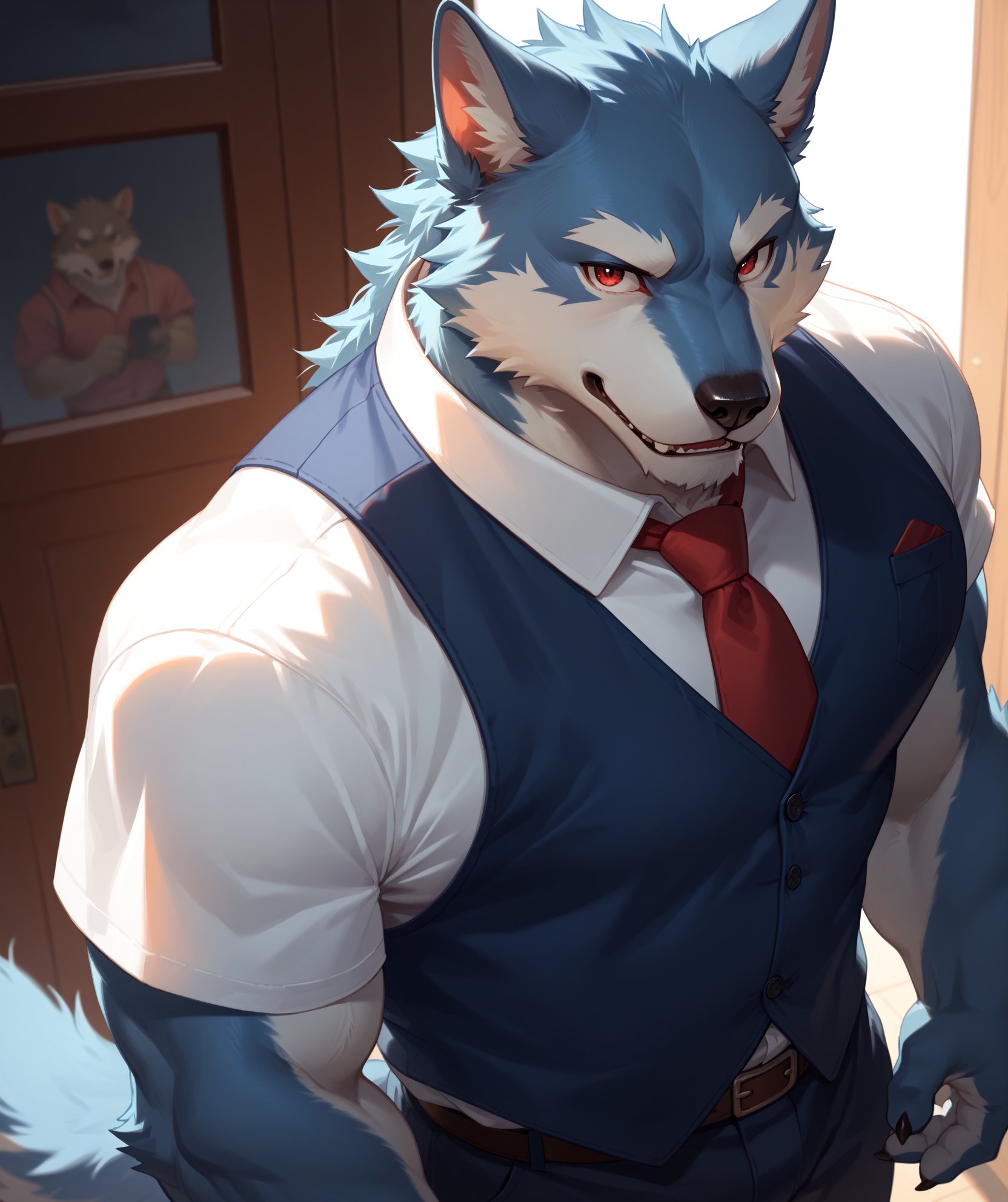 score_9,score_8_up,score_7_up,score_6_up,furry,kemono,high quality,tail,rating_explicit,embedding:zPDXL3 BREAK male furry,(bara),huge plump Chest Muscles,perfect anatomy,source_anime,furry,wolf,male,open clothing,high-angle view,red eyes,looking at viewer,Vest,dark royal blue fur,Short sleeve,claw,