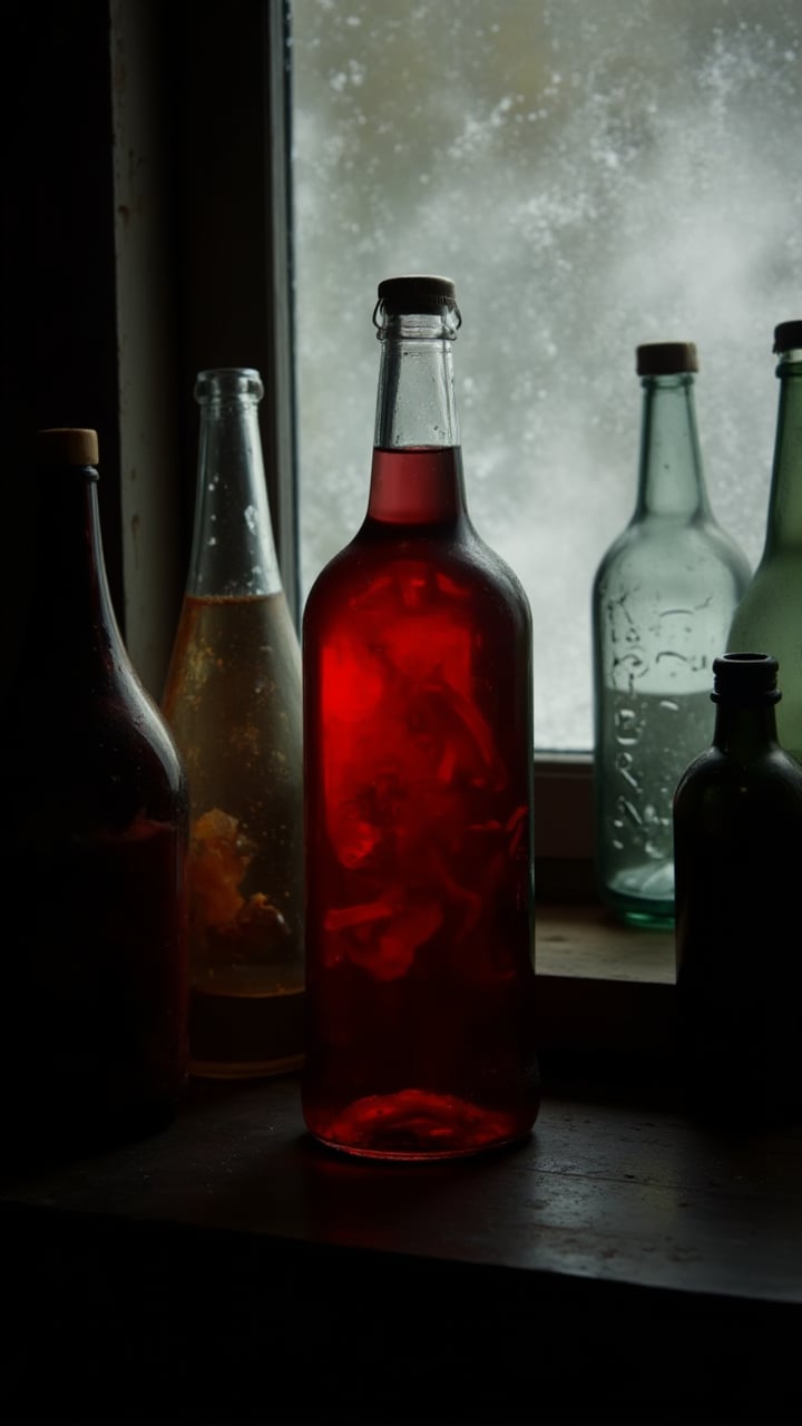 designed by Stephen Gammell, A sleek and modern bottle filled with a vibrant red liquid sits on a wooden table, surrounded by other bottles of various colors. The glimmering light from the nearby window casts a soft glow on the scene. Depressing, Cold Lighting, aidmaabdhr