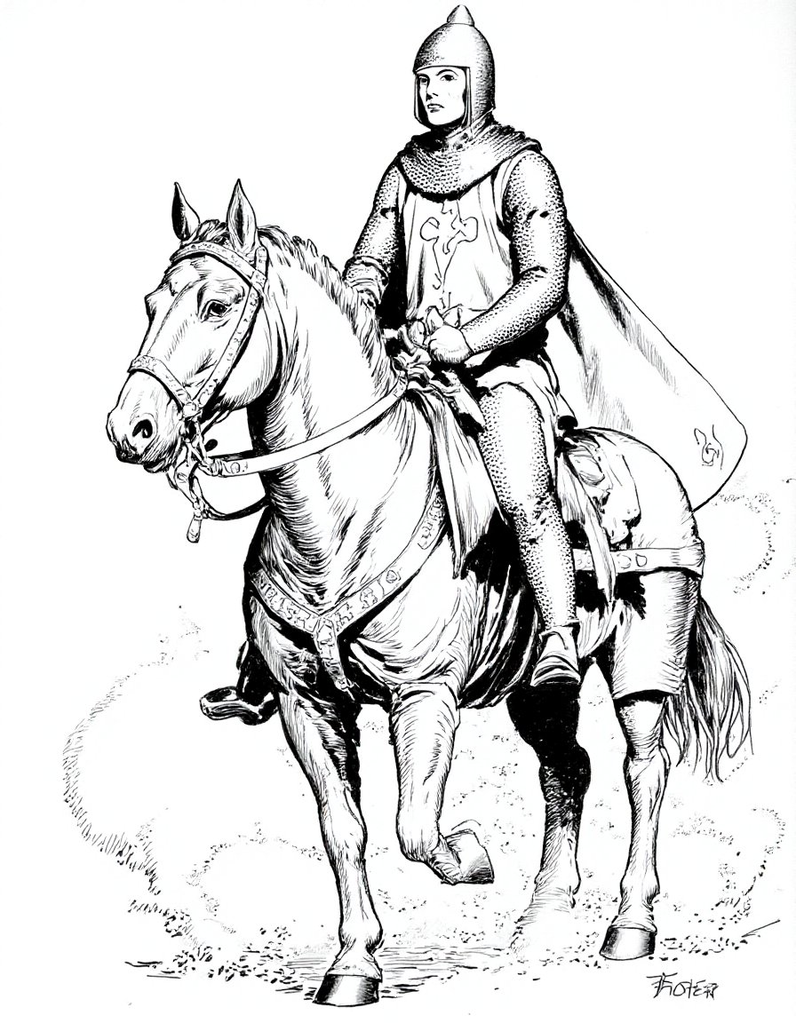 a monochrome illustration by Hal Foster of a knight on a horse <lora:hal-foster:1>