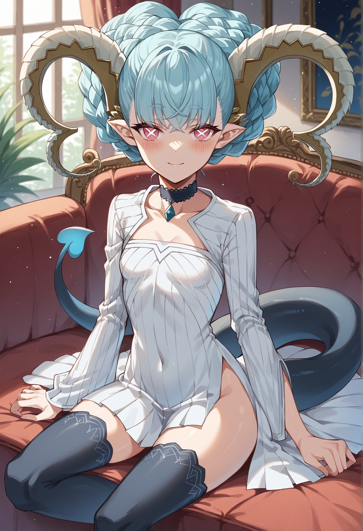 1girl, horns, pointy ears, blue hair, symbol-shaped pupils, pink eyes, double bun, braid, choker, short dress, white dress, long sleeves, thighhighs, tail, seductive smile, blush, indoors, sitting, couch, mansion, looking at viewer, small breasts <lora:Tiamat:1>, score_9, score_8_up, score_7_up, score_6_up, score_5_up, score_4_up, BREAK source_anime, masterpiece