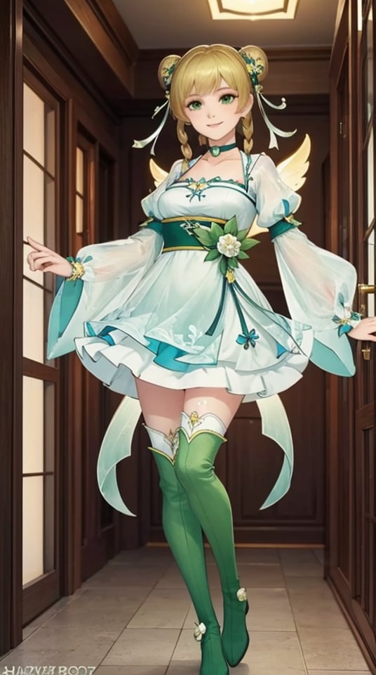 huaying, 1girl, solo, double bun, green eyes, thighhighs, hair bun, smile, blonde hair, dress, closed mouth, full body, looking at viewer, braid, see-through sleeves, boots, puffy sleeves, thigh boots, long sleeves, green dress, see-through, hair ornament, , twin braids, hair rings, choker, , wings ,indoors, standing, looking at viewer <lora:huaying-10:0.7>