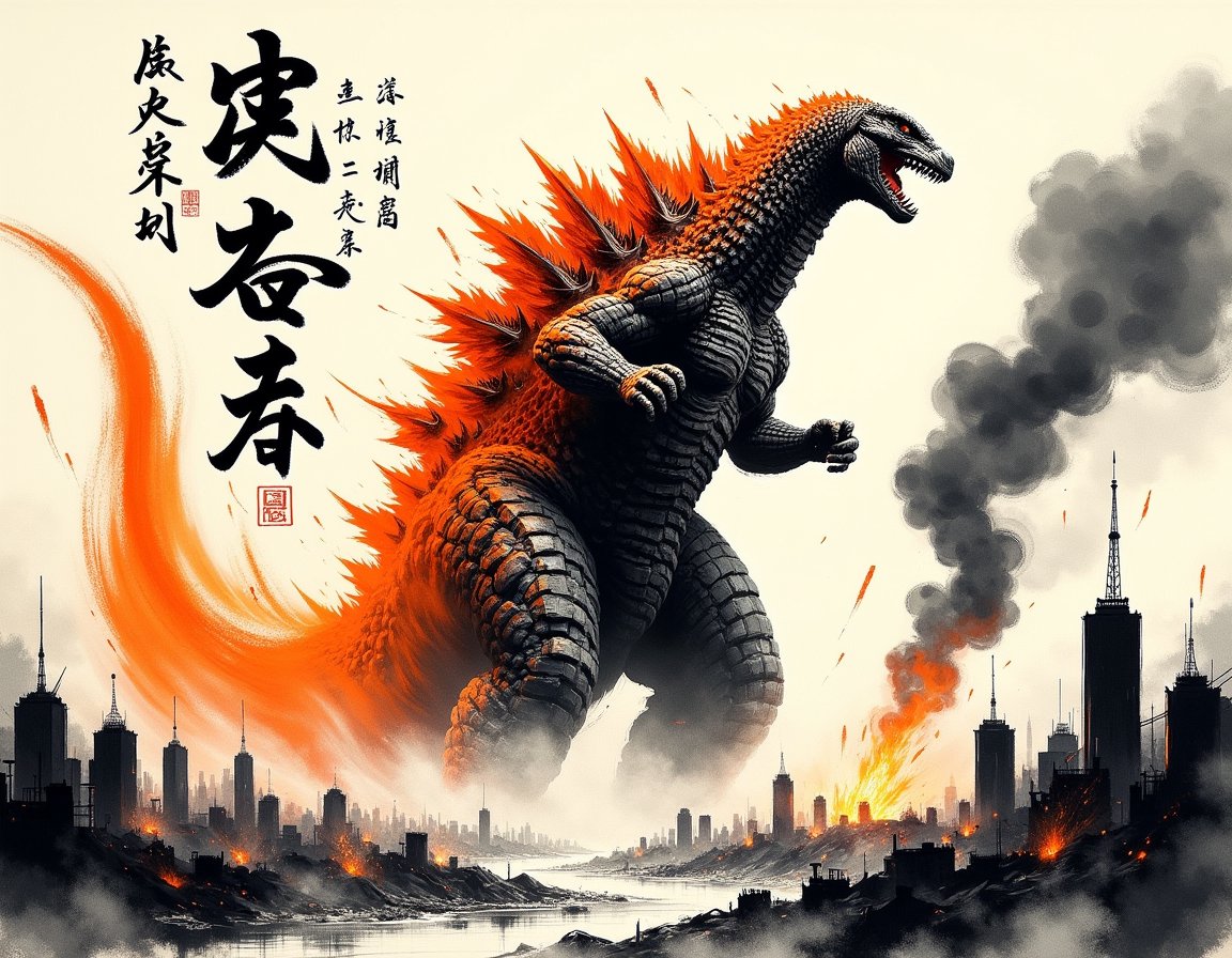 <lora:calligraphy_ink:1> monochrome Chinese text and smudged and faded ink brush style, godzilla with orange fire billowing off of body standing in a ruined city roaring into the sky in a faded smudged brush strokes calligraphy ink style, with black smoke rising and fire burning with Chinese text in background