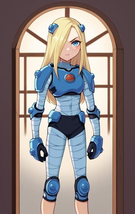 score_9,score_8_up,score_7_up pastel colors,highres BREAK <lora:terra:1>,TerraSDXL,1girl,solo,long hair,blue eyes,blonde hair,gloves,armor,hair over one eye,bodysuit,bandages,knee pads,shoulder pads,room,room background,cowboy shot,