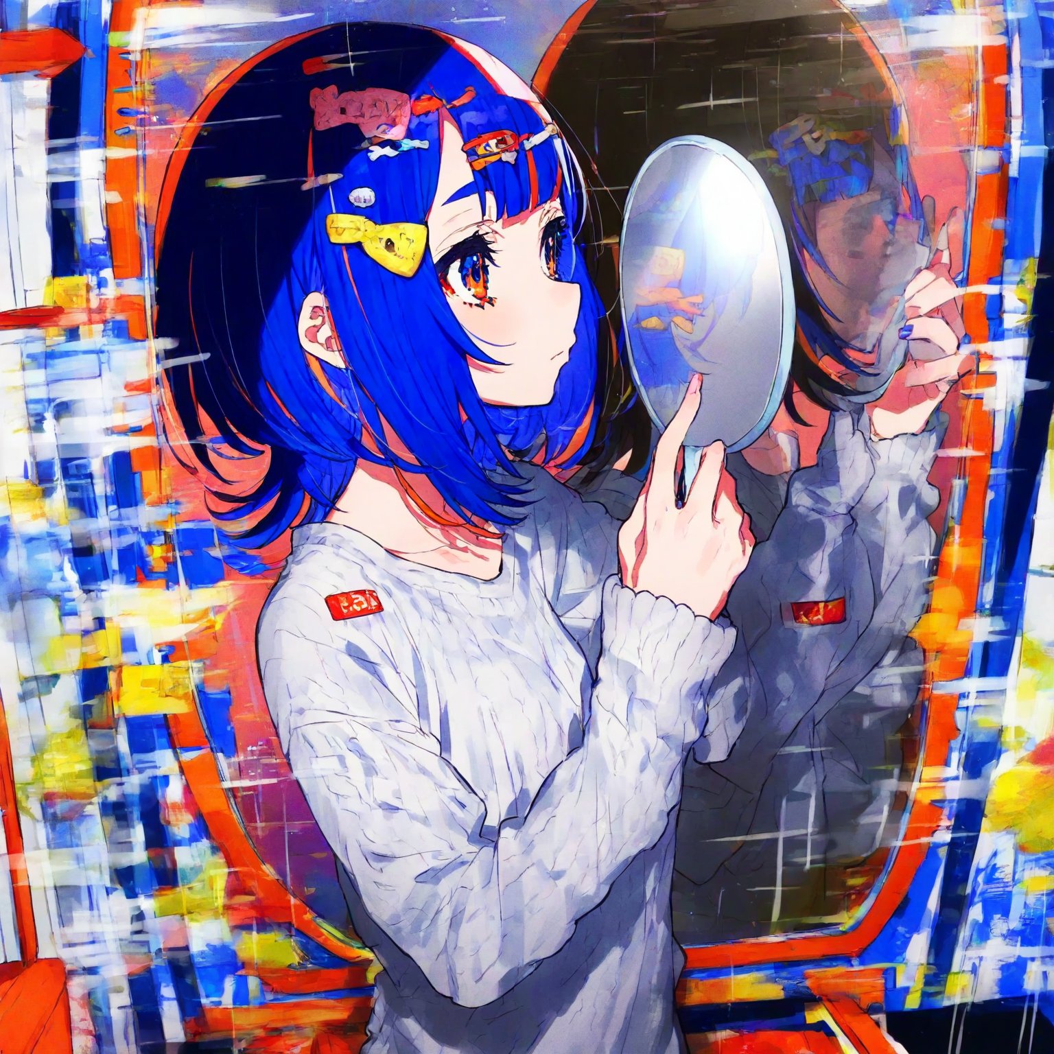 1girl, blue hair, medium hair, mirror, reflection, hand on mirror, mika pikazo