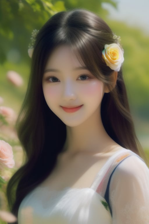 (masterpiece), (best quality), (extremely detailed), (1girl), solo, (pretty cute girl), looking at viewer, smile, slender, evenly sized eyes, extremely detailed eyes, flower hair ornament, white race dress, (upper body:1.4), outdoors, extremely detailed wallpaper, (completely detailed features), 16k, 