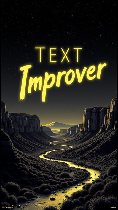 Bioluminescent Poster with Text:"Text Improver" and a small text:"by AIDMA" at the bottom, landscape of a Accomplished Elevating Mesa Verde National Park, inside a Biopunk New Zealand, Stars in the sky, American Expressionism, BW, in the style of Composition with Red Robotic and Yellow, monochromatic, midjourneyv6.1  ,aidmatextimprover