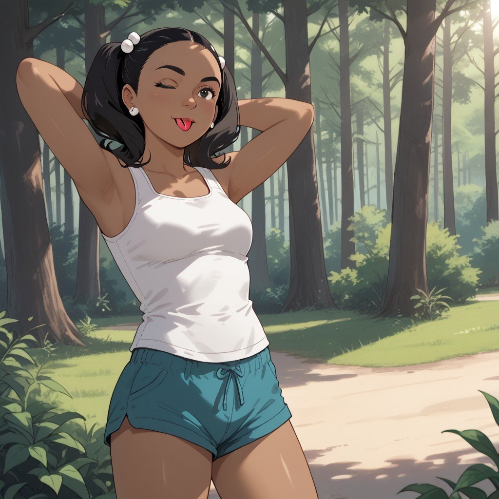 score_9, score_8, score_7, BREAK, sharon_hawkins, dark-skinned female, black hair, earrings, twintails, hair bobbles, white tank top, shorts, one eye closed, hands behind head, tongue, forest, sunlight, natural lighting, shadows