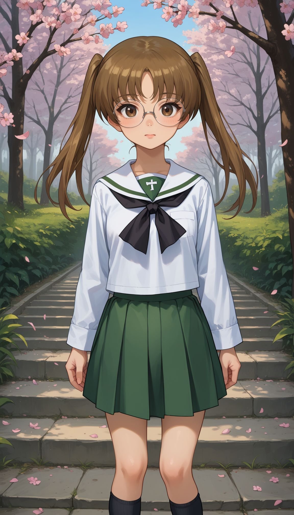 score_9, score_8_up, score_7_up, source_anime, outdoors,cherry blossoms,standing,cowboy <lora:GUPAya :1>, GUPAya , 1girl, glasses, twintails, brown eyes, brown hair, long hair, ooarai school uniform,white sailor collar,black neckerchief,white shirt,long sleeves,green skirt,black socks,loafers