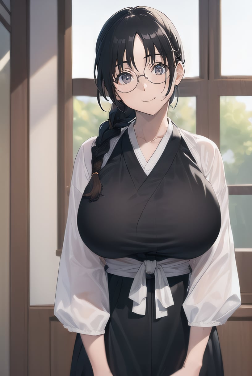 ((masterpiece:1.4, best qualit:1.4, high resolution:1.4)), <lora:more_details:0.2>, <lora:Katori-10:0.7>, Katori, 1girl, solo, black hair, glasses, single braid, huge breast, japanese clothes, smile, standing, arms behind back, cowboy shot, adjusting eyewear