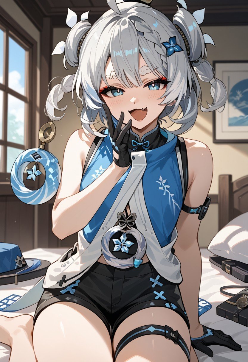 score_9,score_8_up,score_7_up,source_anime,YOUHU_(WUTHERING_WAVES),1girl,solo,looking at viewer,blush,smile,open mouth,shirt,hair ornament,gloves,hat,bare shoulders,sitting,white hair,grey hair,ahoge,braid,:d,shorts,sleeveless,black gloves,virtual youtuber,indoors,medium hair,fang,hand up,sleeveless shirt,short shorts,thigh strap,black shorts,thick eyebrows,blue shirt,skin fang,between legs,short eyebrows,smug,half gloves,