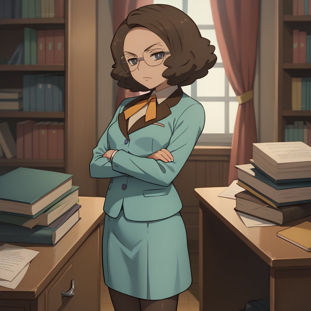 score_9, score_8_up, score_7_up,  1girl, solo, uncensored, geraldineroyer, 1girl, solo, serious, looking at viewer, half-closed eyes, crossed arms, brown hair, glasses, teal uniform, pantyhose, brown boots, indoors, office, bookshelf, books, desk, standing <lora:GeraldineRoyerXL_v1.0:1>