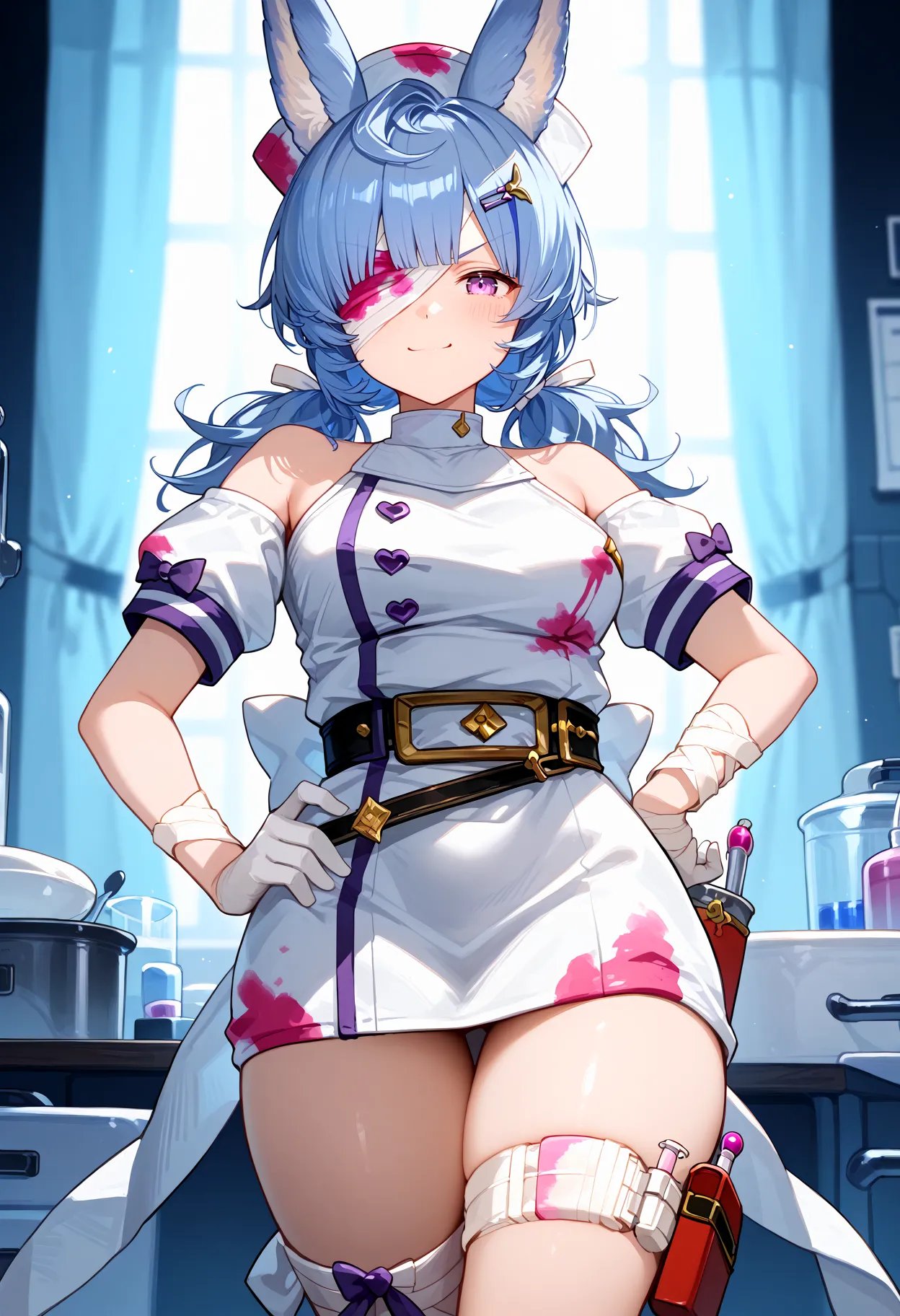 score_9, score_8_up, score_7_up, BREAK, best quality, masterpiece, very aesthetic, ultra detailed,very detailed background,BREAK,zPDXL3,tikoh_hw,bangs, hair ornament, low twintails,hat, animal ears, blue hair, purple eyes, short sleeves, belt, white gloves, white dress, hair over one eye, thigh strap, bandages, x hair ornament, bandaged arm, nurse cap, nurse, bandaged leg, smug,cowboy shot, hand on own hip,  <lora:Tikoh-ponyXL:1>