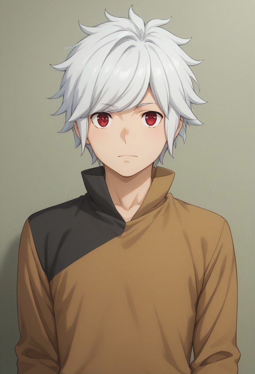 score_9, score_8_up, score_7_up, source_anime, highly detailed, belcranel,  1boy, male focus, solo, white hair, red eyes, shirt, brown shirt, black shirt, multicolored shirt, upper bodyoutdoor,