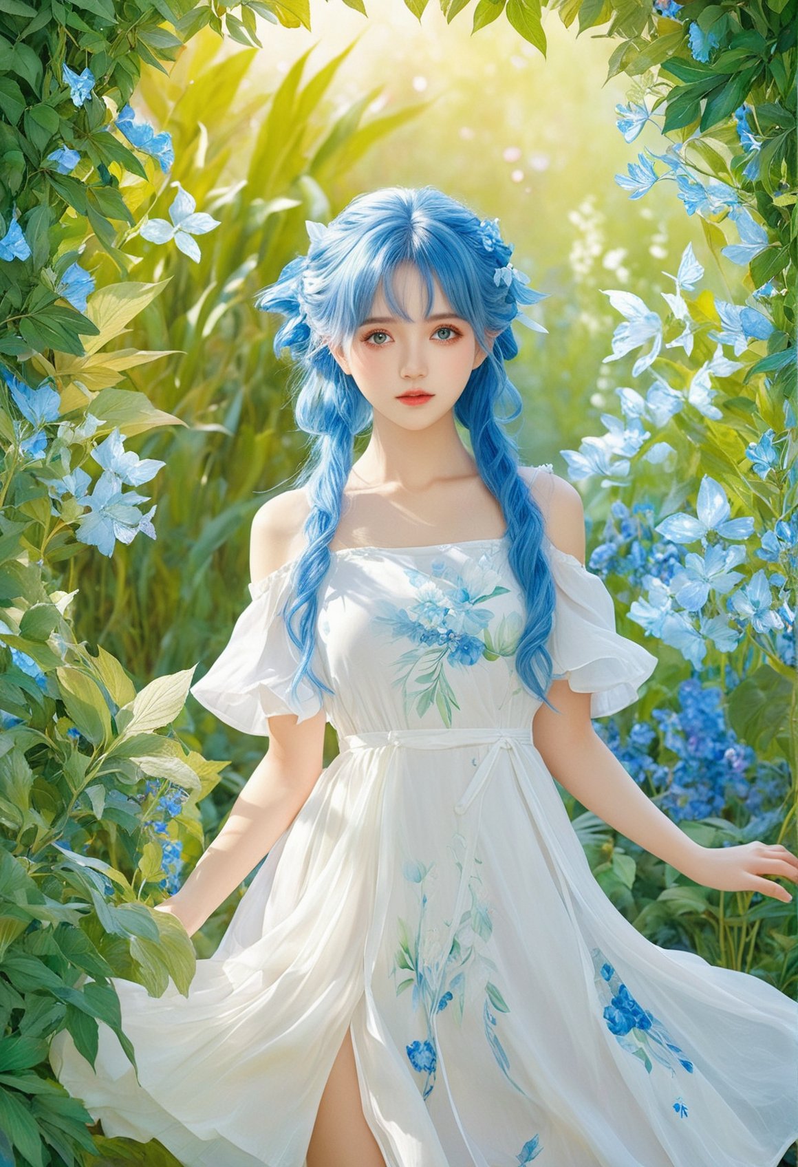 watercolor,masterpiece,best quality,extremely detailed,1girl,full body,beautiful detailed eyes,cute anime face,full body,beautiful detailed face,blue hair,(Botanical illustration:1.5),white dress,, masterpiece,best quality,high-resolution image,High quality,Superb lighting,Highly detailed,Sharp focus,8K UHD,