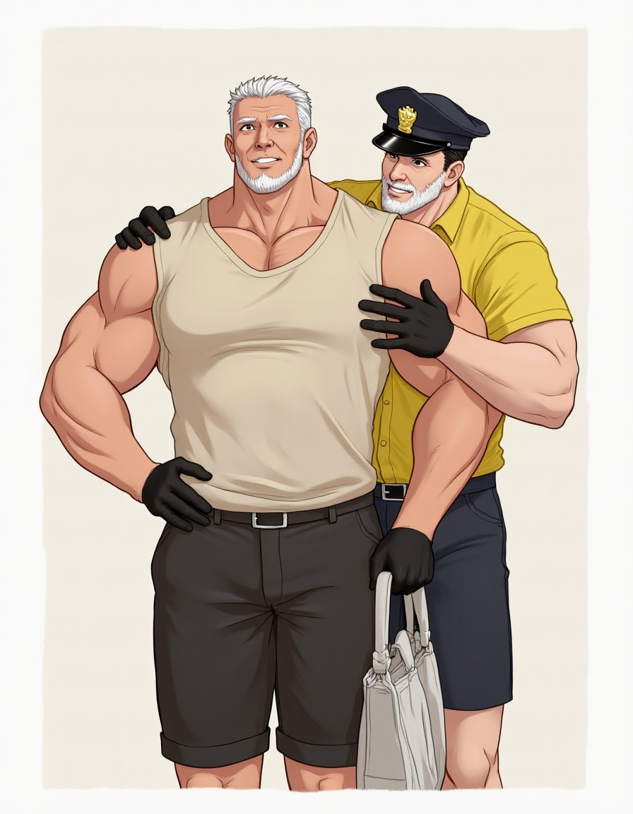 <lora:FLUX_CNSilver2Joe:0.8>2boys, 2msilverjoe, bag, beard, biceps, black gloves, black hair, black pants, couple, large pectorals, mature male, muscular male, old, pectorals, police hat, shirt, short hair, shorts, smile, white hair, yaoi, yellow shirt