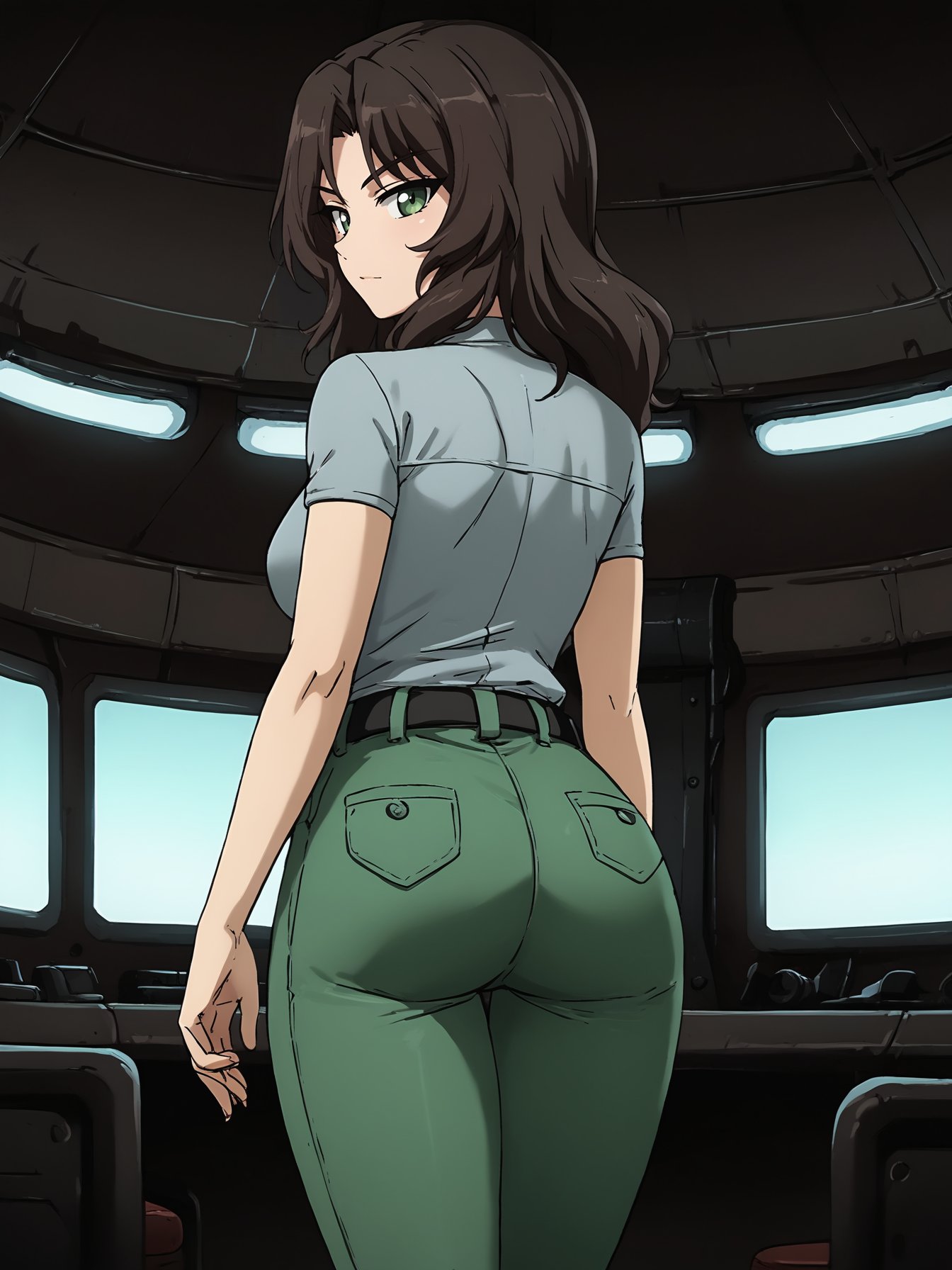 1girl, standing, looking back at viewer, (score 9 up, score 8 up, highest score, highest quality), <lora:[Girls Und Panzer] El Character PonyXL:1>,el_gup,