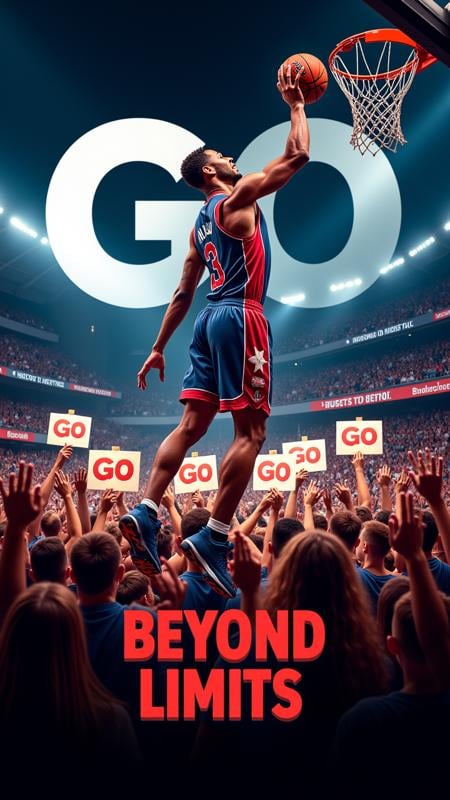 A high-energy sports poster with a basketball player mid-dunk. The crowd in the background holds up signs that spell "Go Beyond Limits" in large, bold letters, emphasizing the theme of athletic excellence..  ,aidmatextimprover