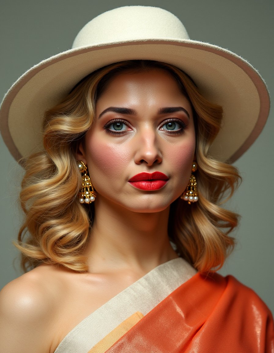 TamannaFlux,<lora:TamannaFluxV1:1.3>,A highly detailed, digitally created portrait of a woman with striking features and an air of elegance. She has piercing blue eyes, full red lips, and blonde curly hair adorned with a large white hat and gold and pearl earrings that suggest a regal or high-society status. The emotional tone exudes confidence and poise, while the artistic elements—like the smooth texture of her skin. TamannaFlux,<lora:TamannaFluxV1:1.3>, portrait of woman in a saree.