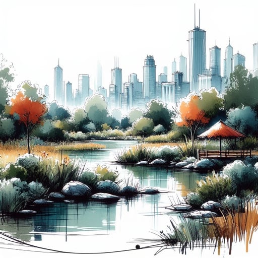 inksketch, landscape, city with skyscrapers, park with pond,