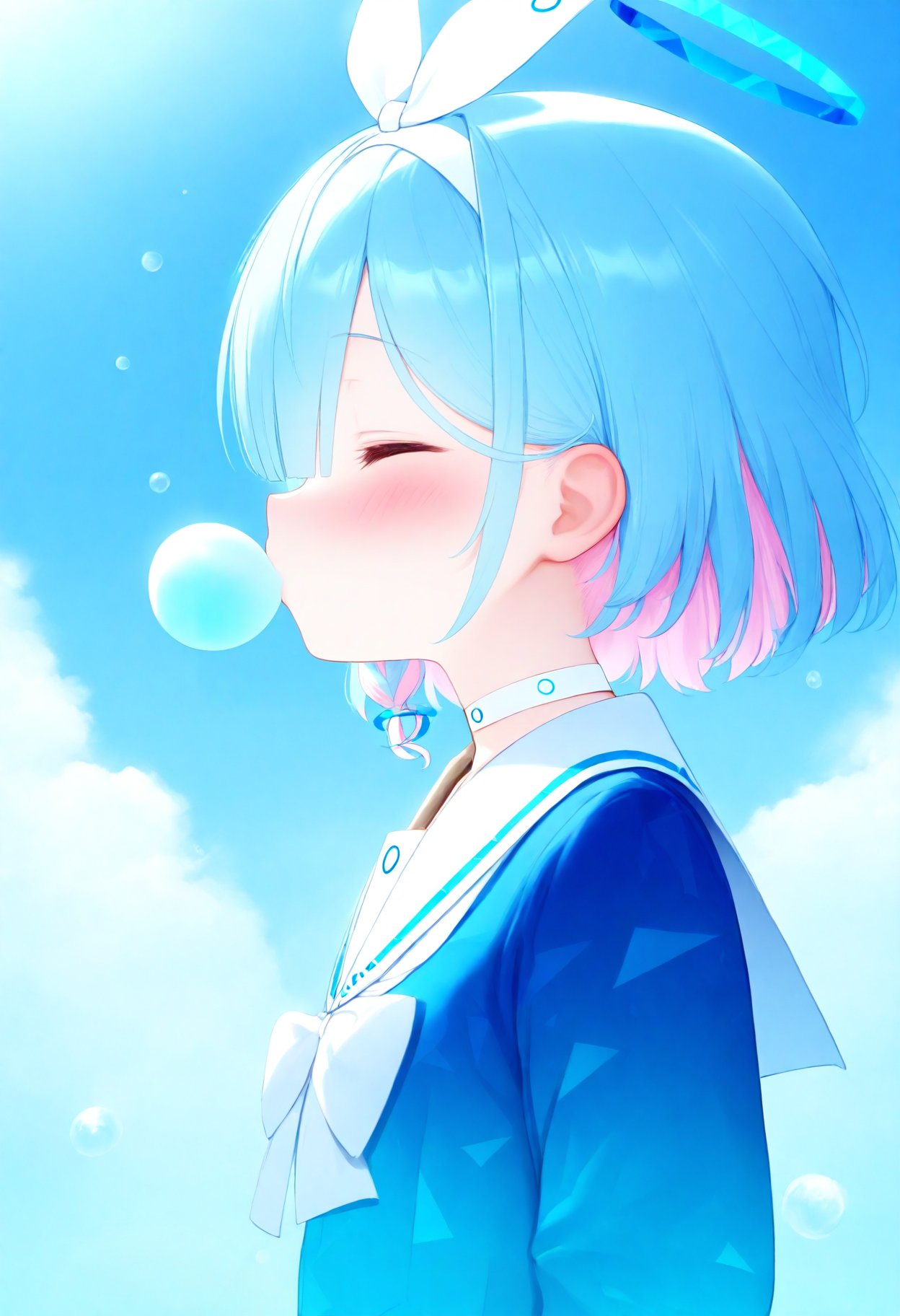 masterpiece, best quality, uncensored,arona (blue archive), 1girl, solo, blush, short hair, shirt, long sleeves, holding, blue hair, school uniform, upper body, closed eyes, pink hair, multicolored hair, hairband, choker, serafuku, sailor collar, halo, from side, profile, blue shirt, colored inner hair, white sailor collar, bubble, white hairband, white choker, bubble blowing, blue sky, cloud<lora:alens_Illustrious_v1:1>