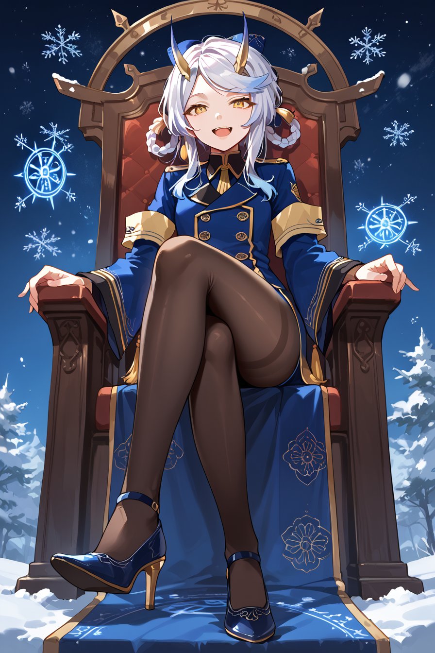 (score_9, score_8_up, score_7_up) BREAK source_anime,1girl,solo,yasharaja,oni horns,banker uniform,wide sleeves,tassel,pantyhose,high heels,open mouth,smile,sitting,chair,legs,from below,legs focus,looking at viewer,magic circle,starry sky,ice,snow,floating snowflakes,<lora:yasharaja_v1:1>,