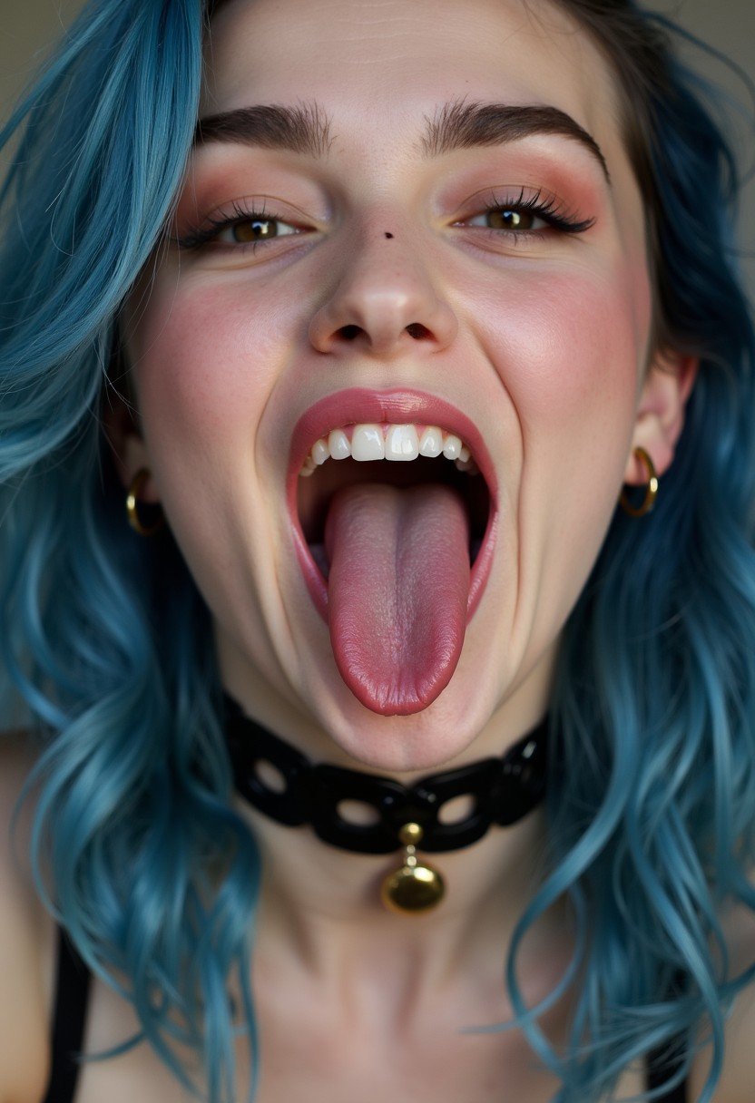 woman, open mouth, blue hair, earrings, teeth, choker, tongue, tongue out, mole, black choker, makeup, portrait, realistic, long tongue