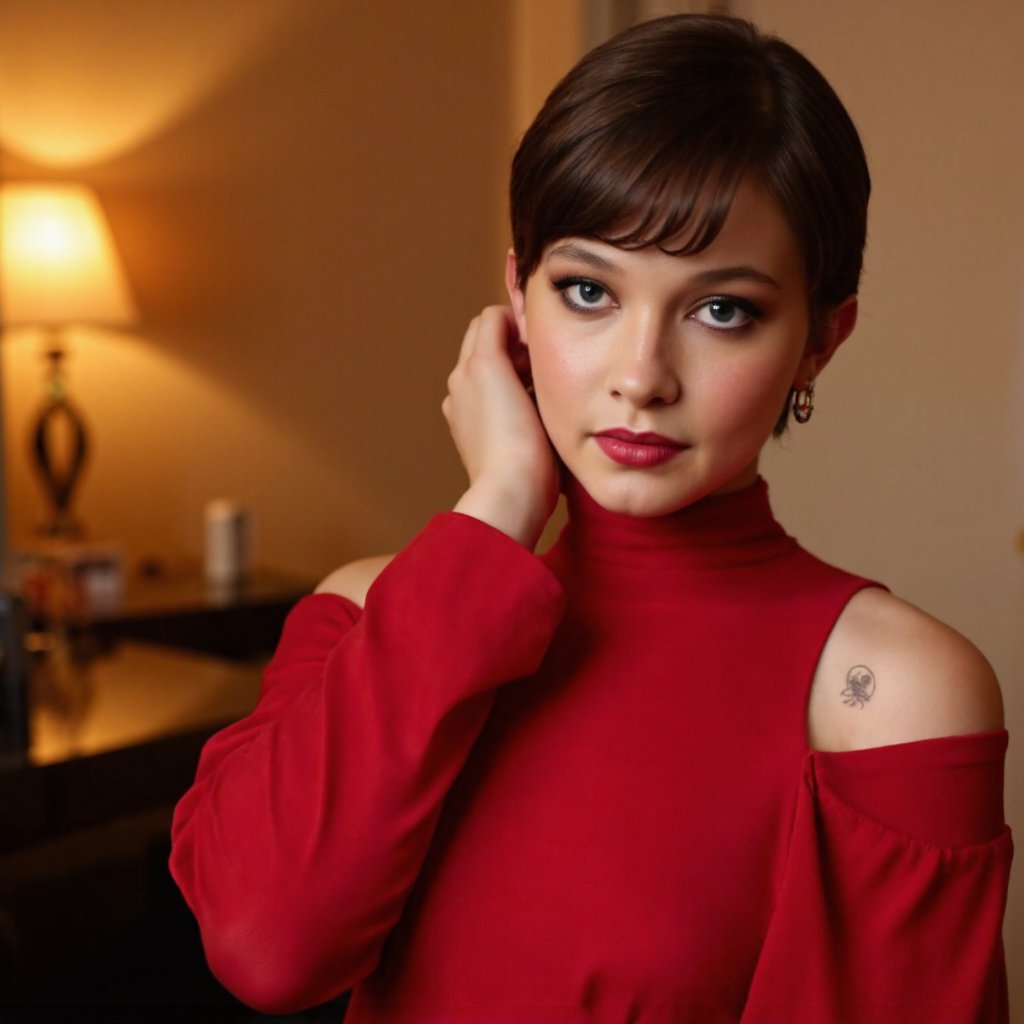 A portrait of cailee_spaeny captured in a side profile. She wears a red, off-the-shoulder top with ruffled sleeves. Her hair is styled in a sleek, high ponytail. Her makeup is bold, with dark eyeliner and mascara. She rests her head on her hand, gazing directly at the camera. The setting is an indoor room with a warm, ambient light source illuminating the scene. The background is blurred, highlighting the subject. A watermark in the bottom right corner reads 'www. Marticcelli. com - 'Quadvillet Designer - Photographer'.