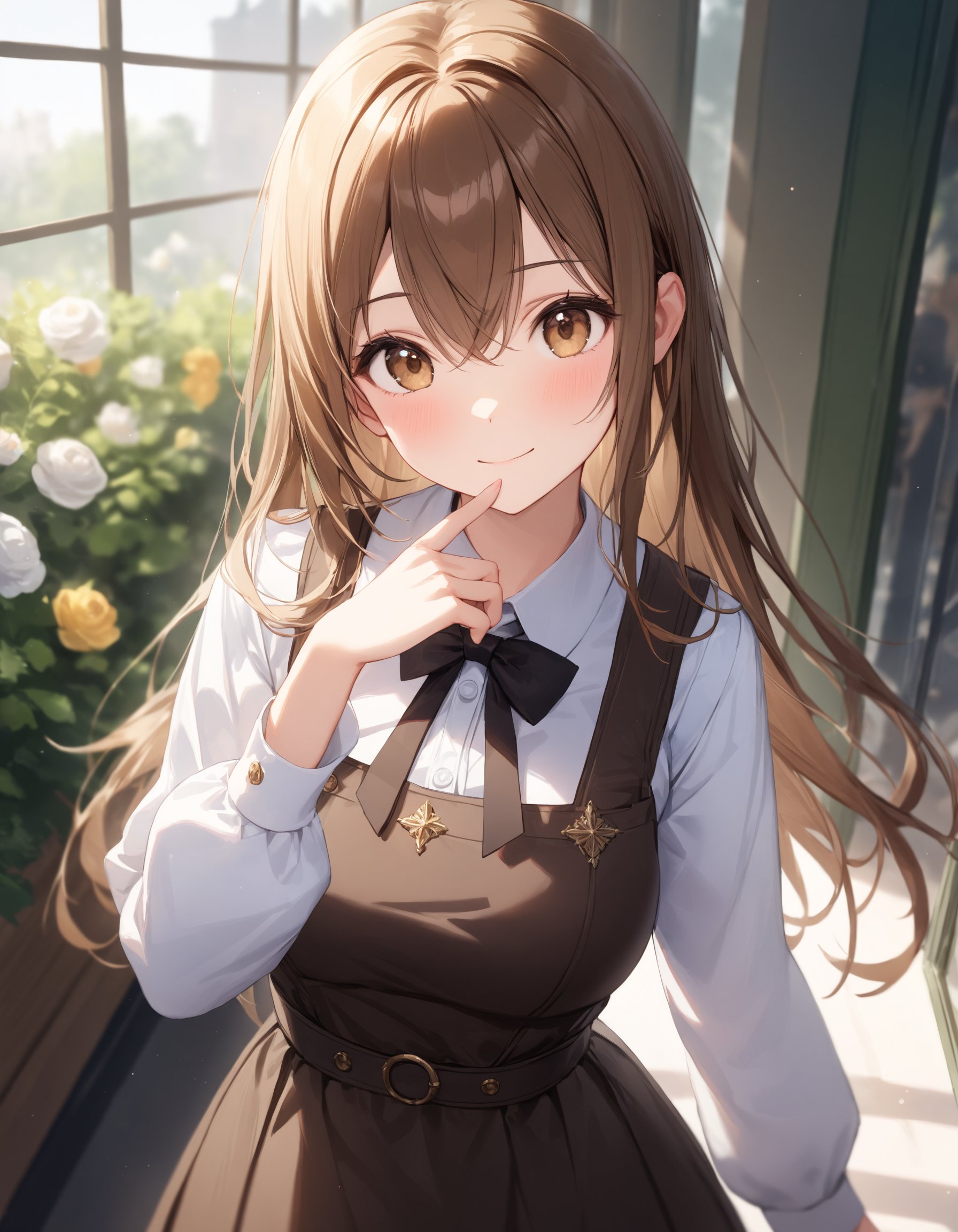 Depth of field. Cowboy shot. Cinematic angle. 1girl. Solo. Light smile. Elegant pose. Put hand near by chin. Head tilt. Looking at viewer. Cute round face. Detailed brown eyes. Tareme. Long straight hair. Brown hair. Hair between eyes. Detailed body. Medium breasts. Dark-brown pinafore dress. White collared shirt. Long sleeves. Bowtie. Fashionable florist. Lots of flower. Lush greenery. Street view from window. Daytime. (Natural lighting:1.4). Cute style. Intricate details. Extremely detailed. Outstanding intricacies. (Masterpiece:1.2). (Best quality:1.2). (Absurdres absolutely resolution:1.4).