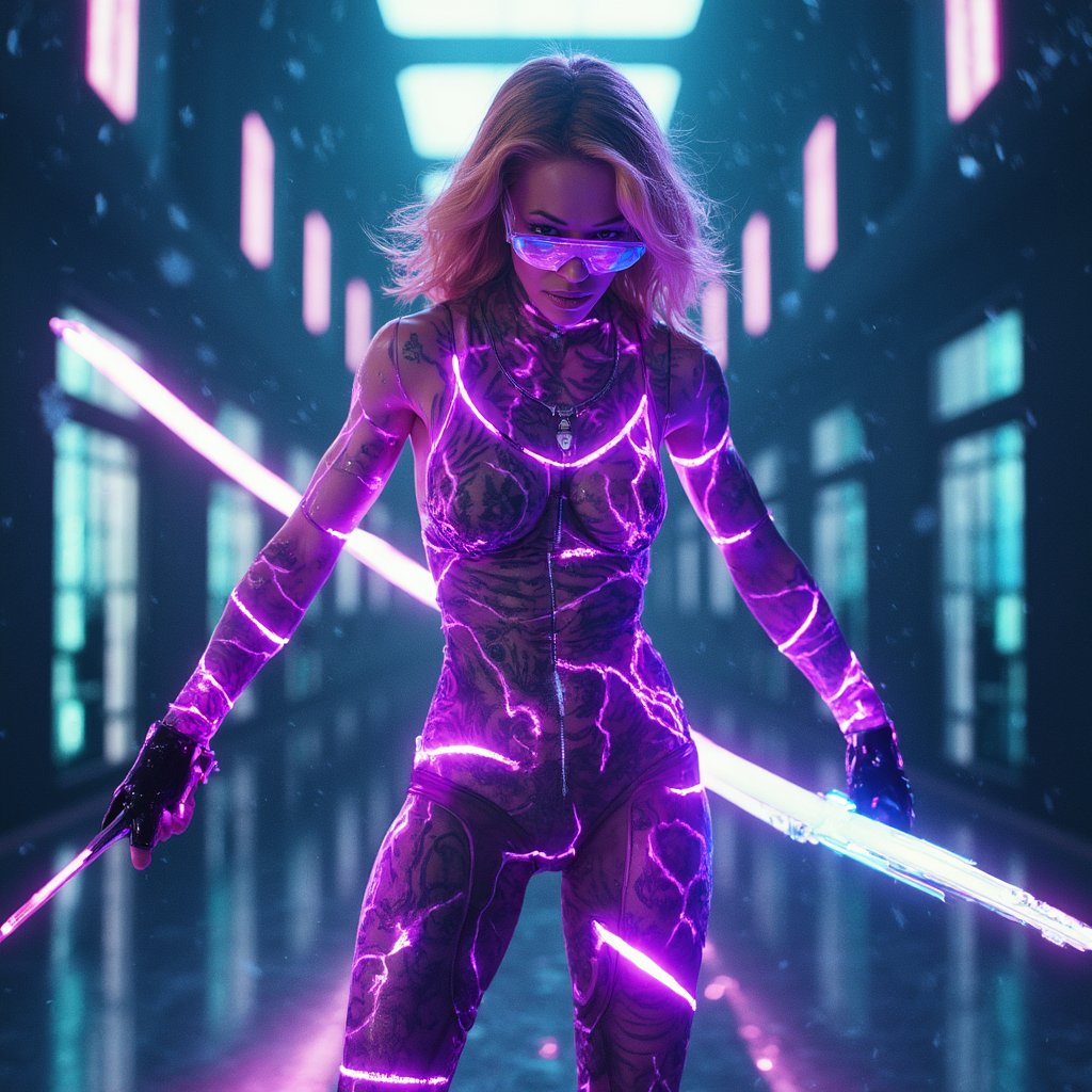 jrryn, cinematic, dramatic lighting, front facing view,  full body shot, a beautiful woman Interstellar bounty hunter with glowing purple tattoos and a holographic visor, Zero-gravity fight: space woman wielding a gravity sword and battling rival cyborgs in a abandoned space station ultra detailed, ultra realistic, ultra detailed colors, 8k, real photography <lora:jeri-ryan:1.2>