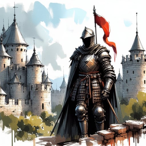 inksketch, 1man, knight, armor, patrolling castle walls