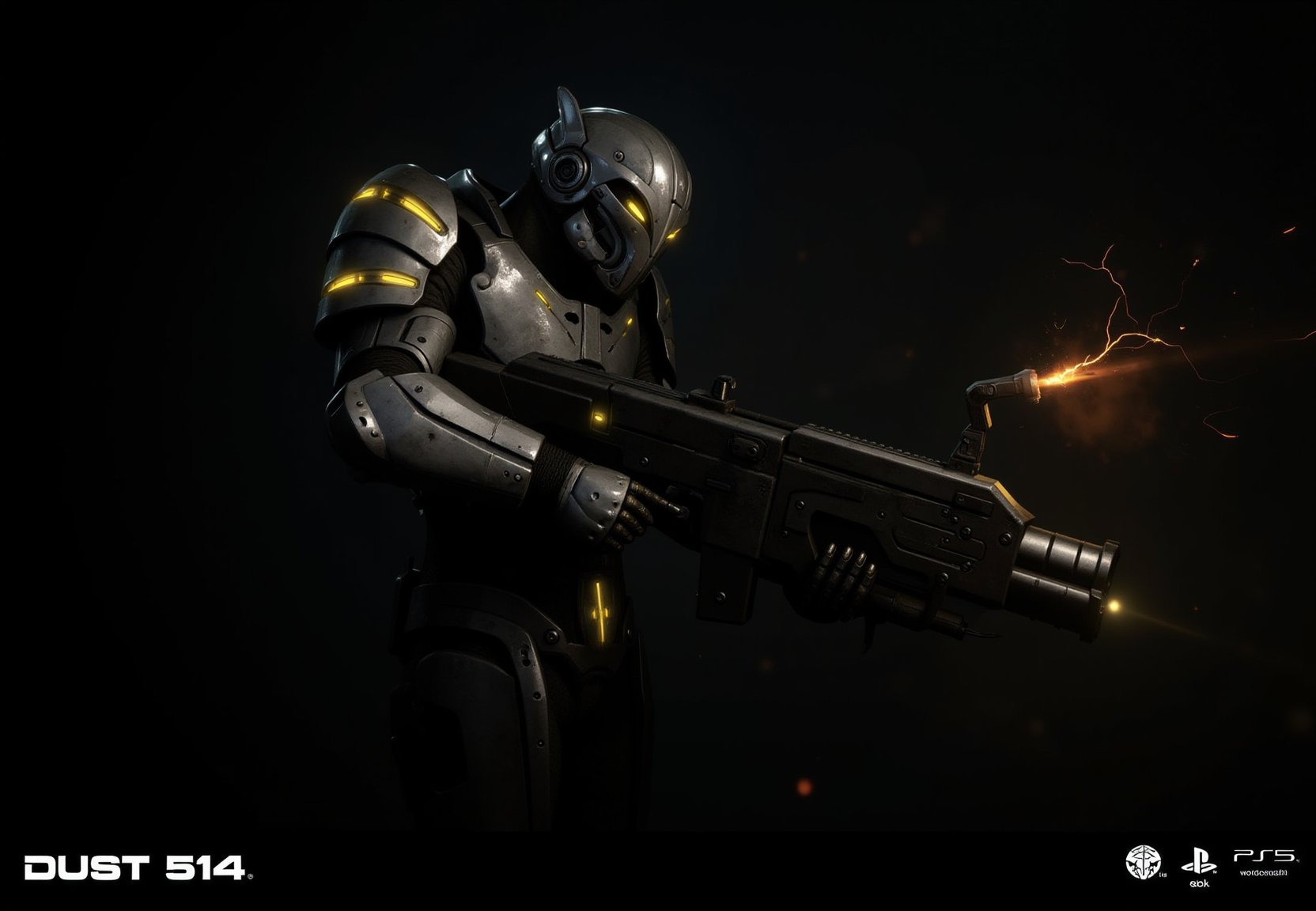 FuturisticWarrior style,,This image portrays amarr haevy, heavily armored in a high-tech, metallic exosuit. The armor is more bulky and robust, with intricate layers of plating in a silver and gray color scheme, accented by glowing yellow lines that give the suit a powerful, advanced look. The soldier's helmet is large and features a visor, adding to their intimidating presence. They are wielding an oversized, forge gun, with visible energy crackling near its muzzle, indicating it may be some kind of advanced energy. The overall scene is dark and gritty, with the background mostly obscured, adding a mysterious atmosphere. The amarr haevy's stance is firm, with both hands gripping the weapon as if preparing for combat. The "DUST 514" and PlayStation 3 logos at the bottom suggest this is part of a promotional image for the game.