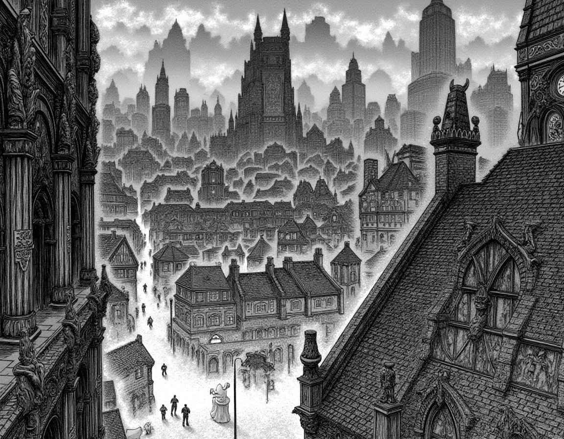 Highly detailed black and white manga style ink drawing by Kentaro Miura, the sprawling metropolis of Gotham City comes to life in astonishing detail. The architecture is a compelling juxtaposition of gothic and modern elements; towering skyscrapers with sharp angles and jagged silhouettes pierce the cloud-laden sky, their sheer walls adorned with intricate carvings and ominous gargoyles that seem to gaze down with watchful eyes. Winding through the city, dimly lit alleyways snake between colossal buildings, their cobblestone paths glistening with remnants of a recent rain, reflecting the faint glimmers of distant streetlights. A layer of fog clings to the ground, lending a ghostly quality to the scene, while the sound of distant thunder rumbles ominously, enhancing the bleak atmosphere. The foreground features a bustling street, where shadowy figures scurry about, their faces obscured but their hurried movements palpable, creating an air of urgency. Nearby, a decrepit old clock tower looms, its hands frozen at midnight, symbolizing the perpetual darkness that envelops Gotham. Each window in the surrounding buildings seems to tell a story, some flickering with life, while others remain dark and lifeless, hinting at secrets hidden within. <lora:Kentaro_Miura_Berserk_Style_Flux:1.0>