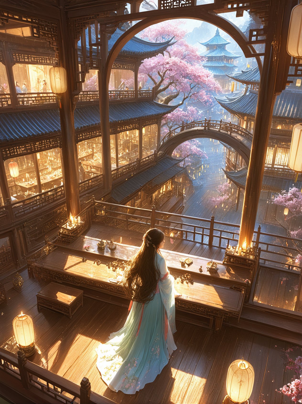 chaloujiusi,1girl,architecture,east asian architecture,long hair,solo,candle,scenery,table,from behind,cherry blossoms,lattice,dress,tree,lantern,standing,pagoda,railing,facing away,petals,black hair,wooden floor,building,indoors,sunlight,brown hair,chaloujiusi, scenery, multiple girls, lantern, multiple boys, 6+boys, 6+girls, stairs, tree, outdoors, from above, city, architecture, night, cityscape, railing, bridge, building, people, fantasy, <lora:chaloujiusi:0.8>,masterpiece,best quality,high-resolution image,High quality,Superb lighting,Highly detailed,Sharp focus,8K UHD,