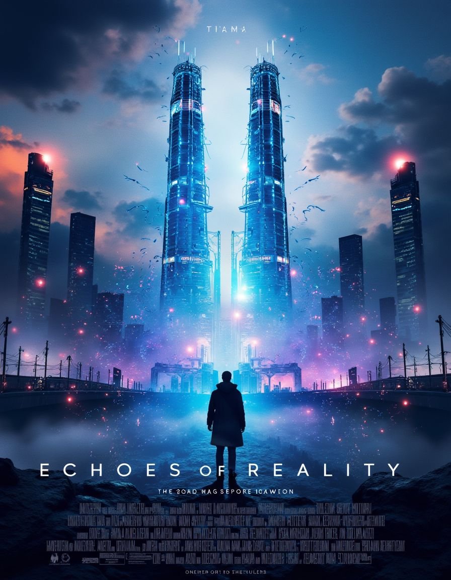 <lora:EpicMoviePoster-000015:1>, mvpstr with the title:"ECHOES OF REALITY" ,cinematic movie poster featuring a surreal, futuristic cityscape blending reality with digital distortion. In the center, a lone figure stands, partially dissolving into data streams, symbolizing a world between the digital and the real. Neon lights illuminate the skyline with glitch effects, while towering skyscrapers fade into abstract shapes. The sky is filled with fragmented clouds and glowing particles, giving the atmosphere an ethereal, dreamlike quality.