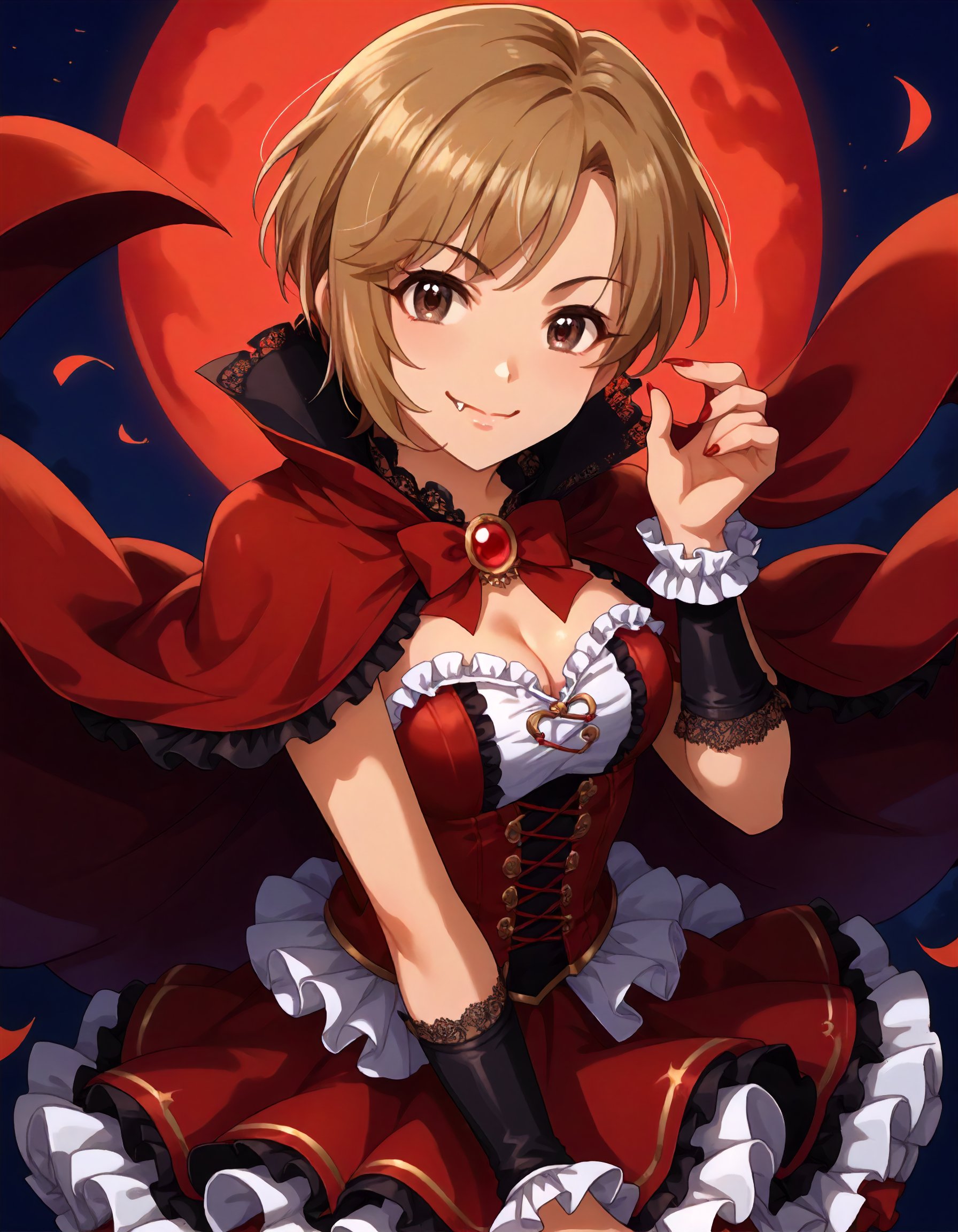 score_9,score_8_up,score_7_up,1girl,solo,looking at viewer,smile,closed mouth,fang,red moon,<lora:aibayumi_ponyXLV6:0.8>,cgaym,blonde hair + brown hair,short hair,brown eyes,vampire costume,cleavage,cape,frilled skirt