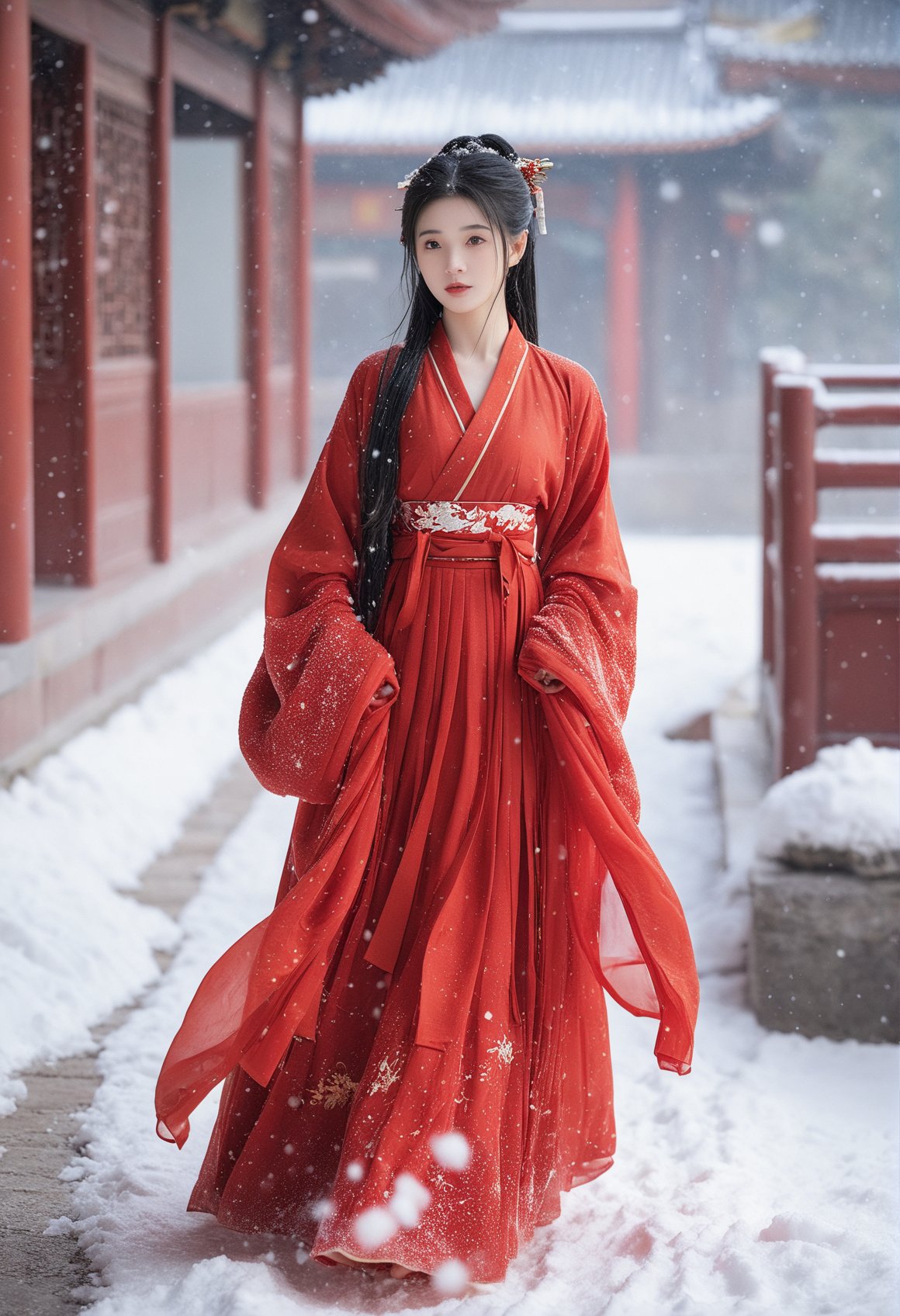 hanfu, jinghonghanfu, 1girl, dress, black hair, solo, long hair, red dress, chinese clothes, snow, blurry background, hair ornament, long sleeves, snowing, blurry, full body, bag, ponytail, light, looking at viewer, looking up, closed mouth, expressionless, masterpiece,best quality,high-resolution image,High quality,Superb lighting,Highly detailed,Sharp focus,8K UHD,